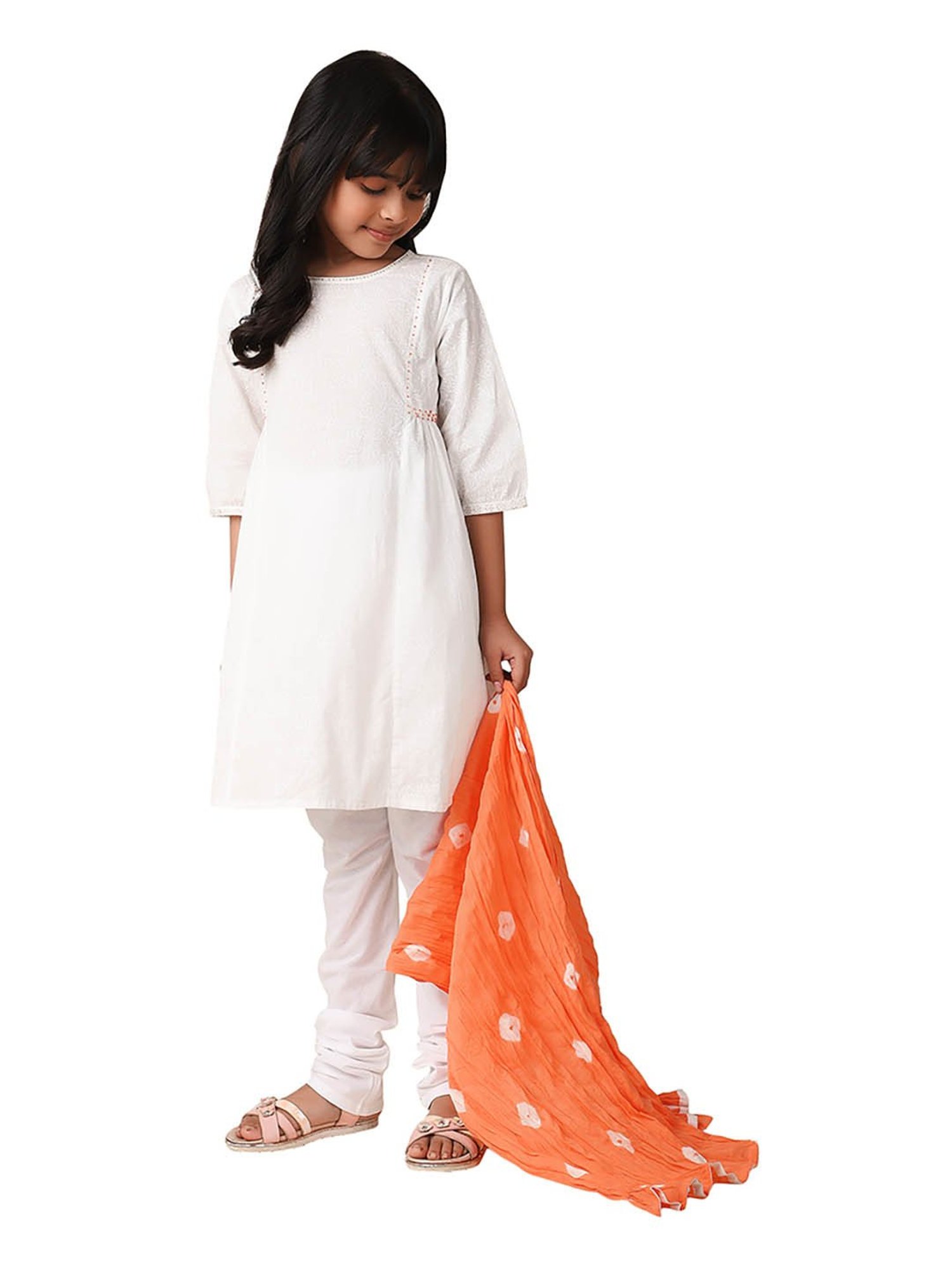 Fabindia Kids White & Orange Printed Kurta, Churidar with Dupatta
