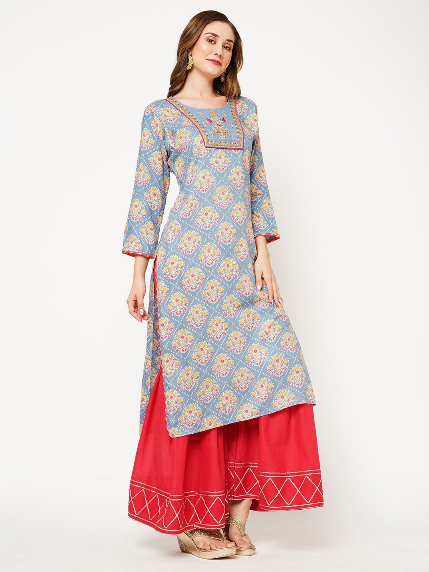KIANA Blue & Red Printed Kurta Sharara Set