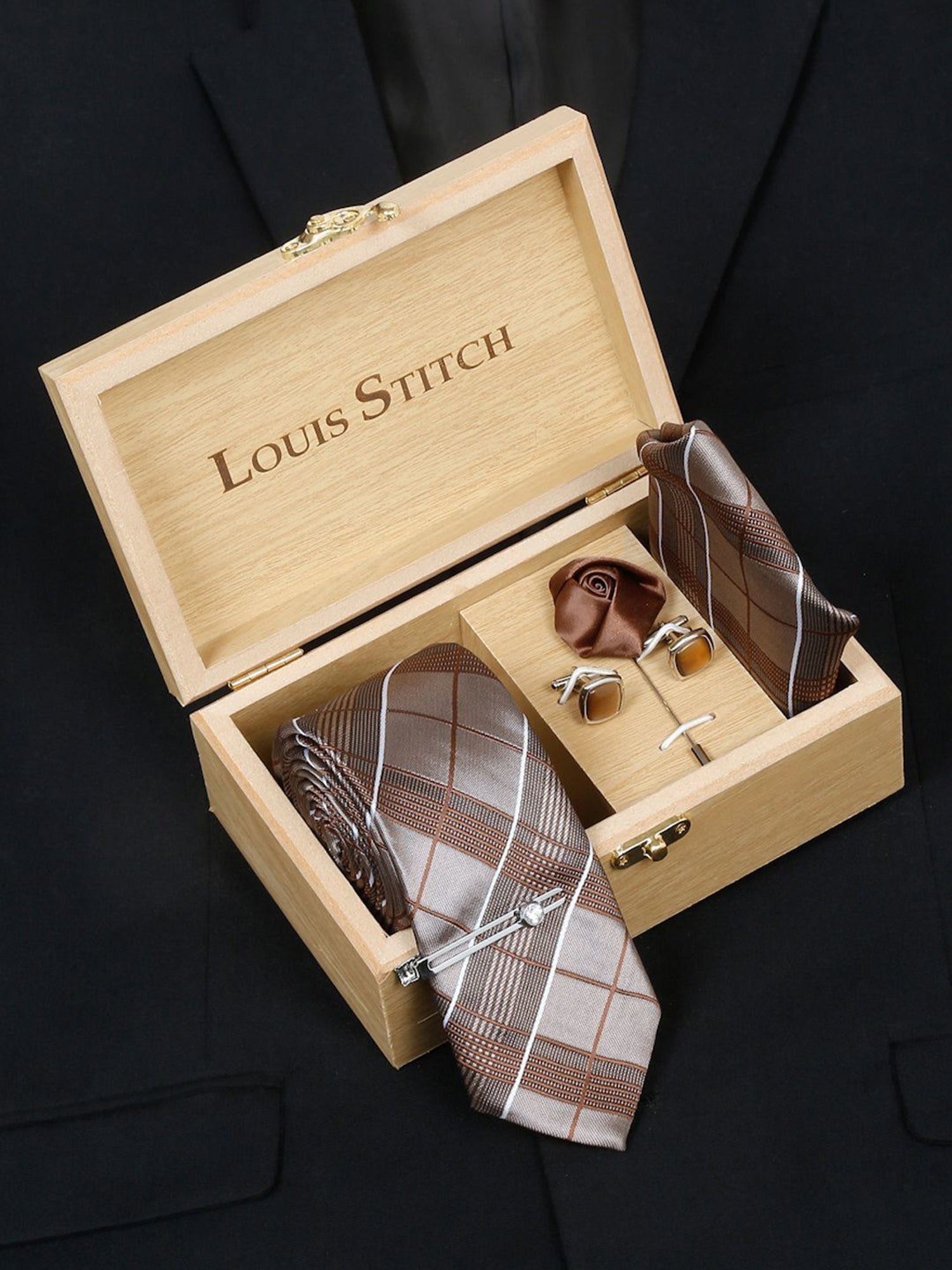 Louis Stitch Brown Checks Necktie Gift Set - Set of 5