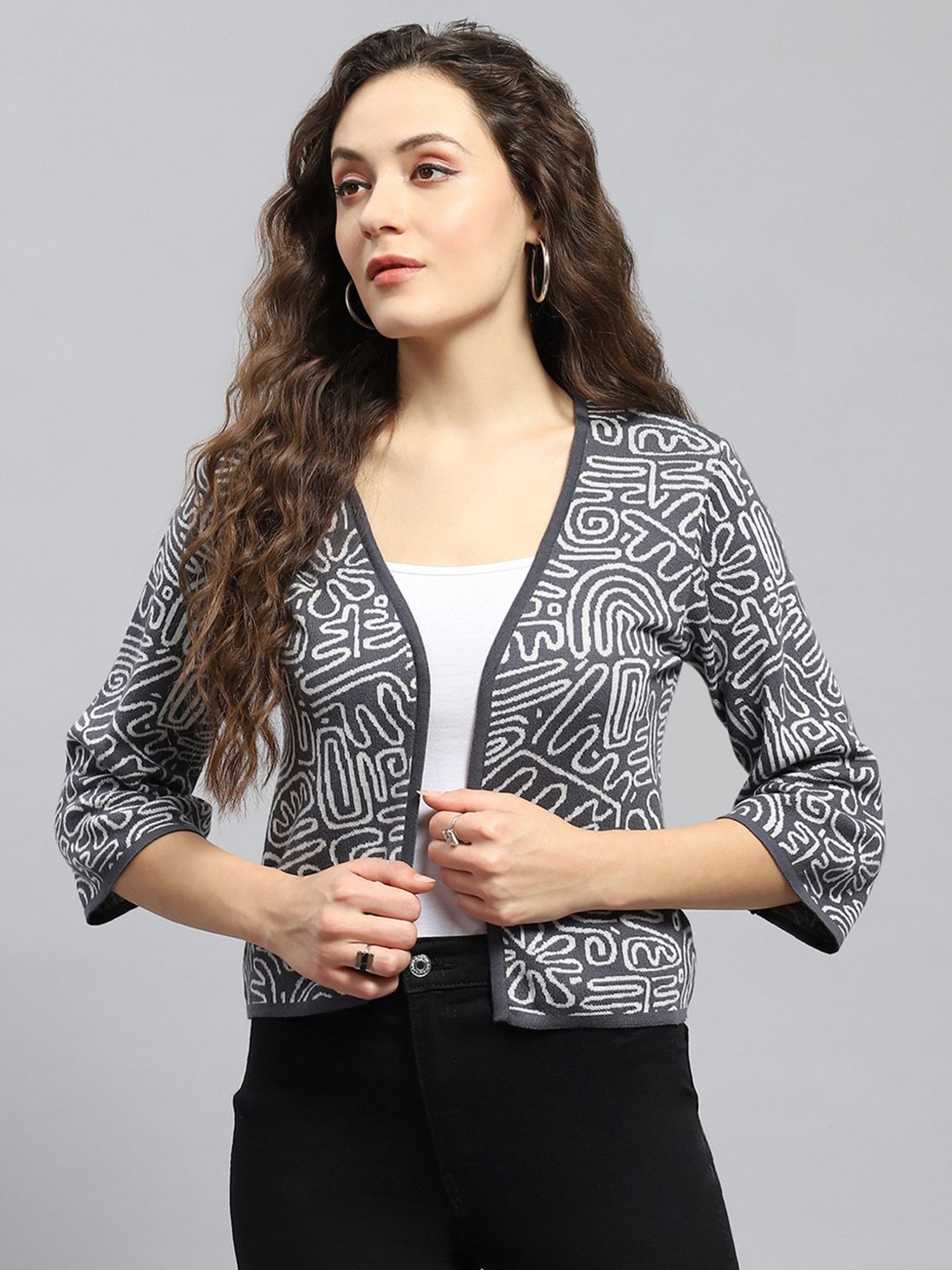Monte Carlo White & Black Cotton Printed Shrug