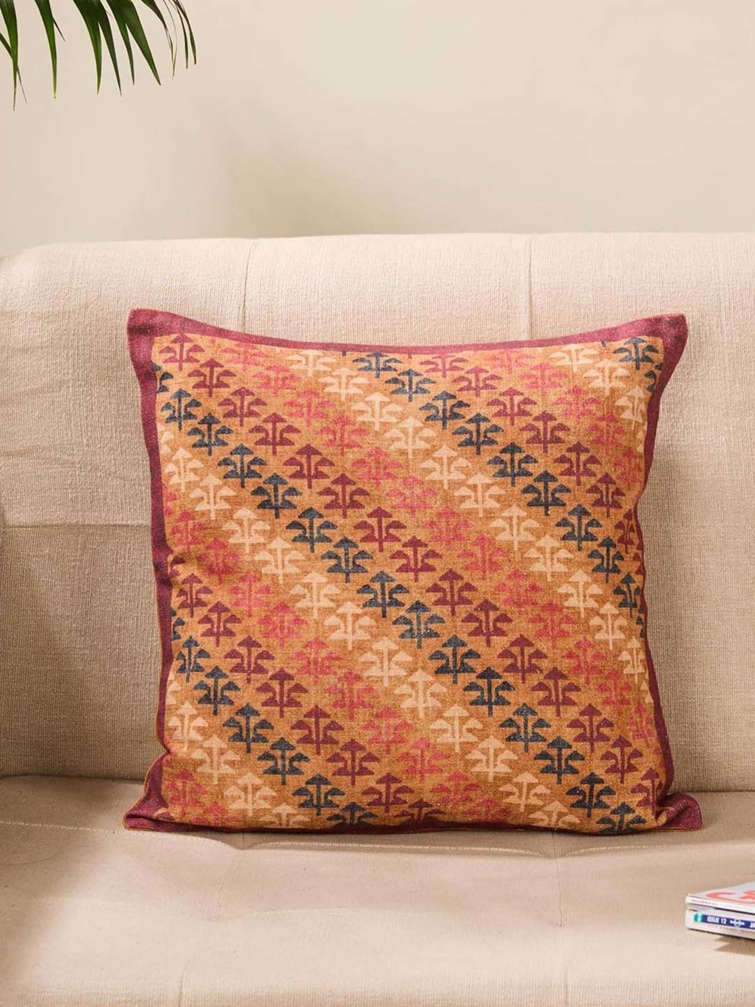 Fabindia Home Yellow Cotton Printed Fergana Cushion Cover