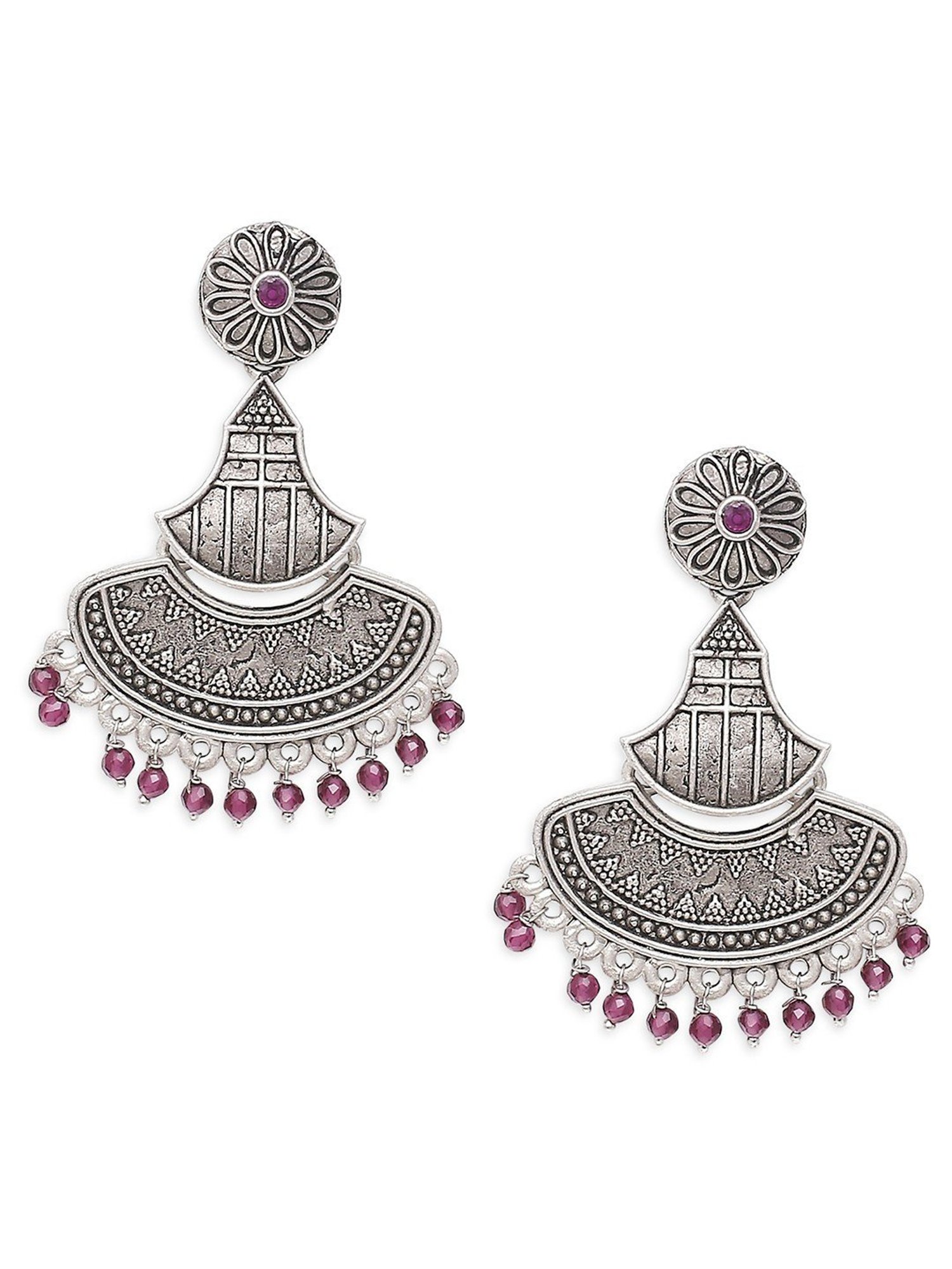 Oomph Oxidized Silver Ethnic Silver Look Alike Maroon Beads Dangler Earrings