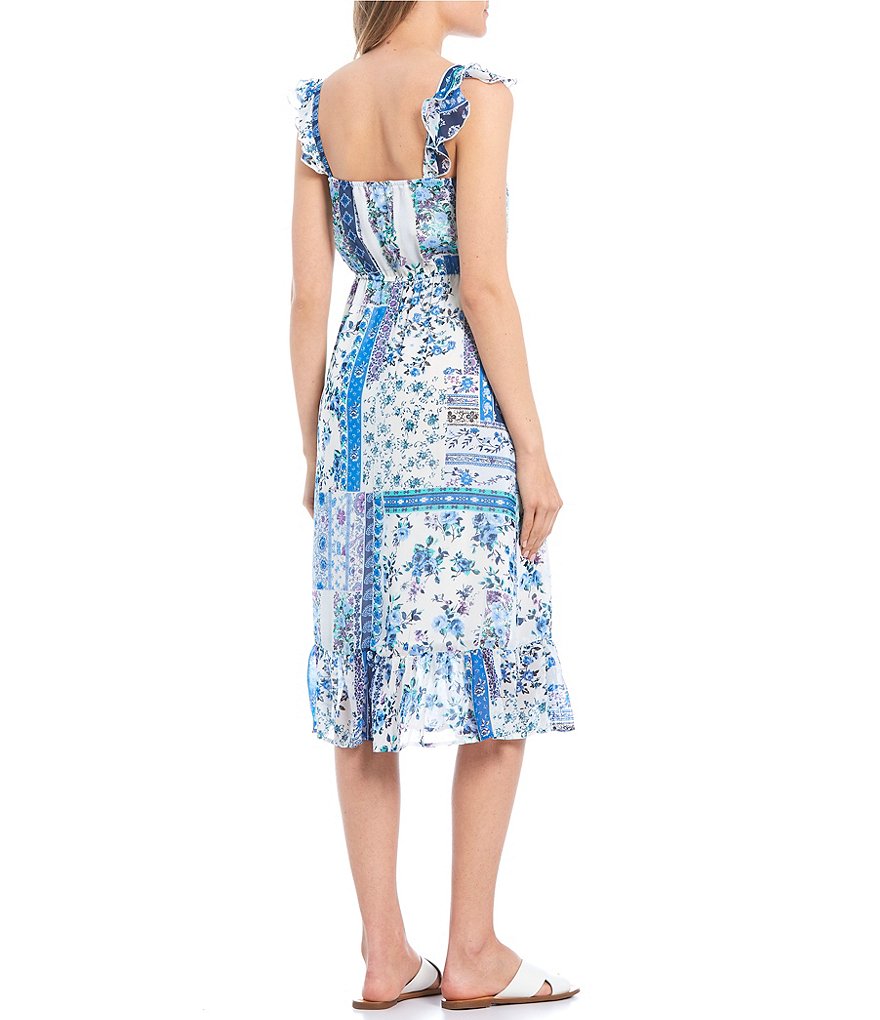 June & Hudson Mixed Media Print Button Front Midi Dress