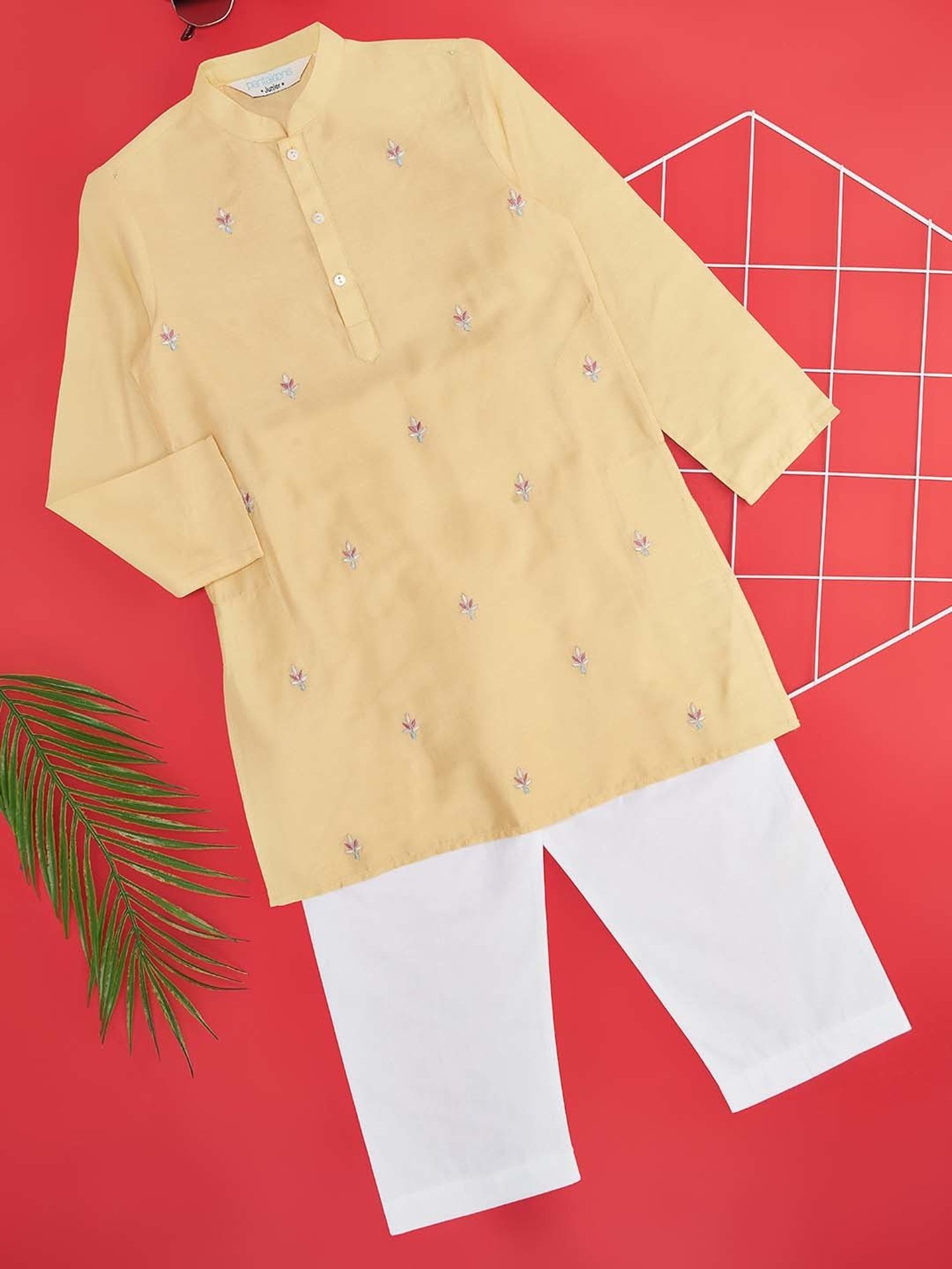 Indus Route by Pantaloons Kids Honey Mustard & White Embroidered Full Sleeves Kurta Set