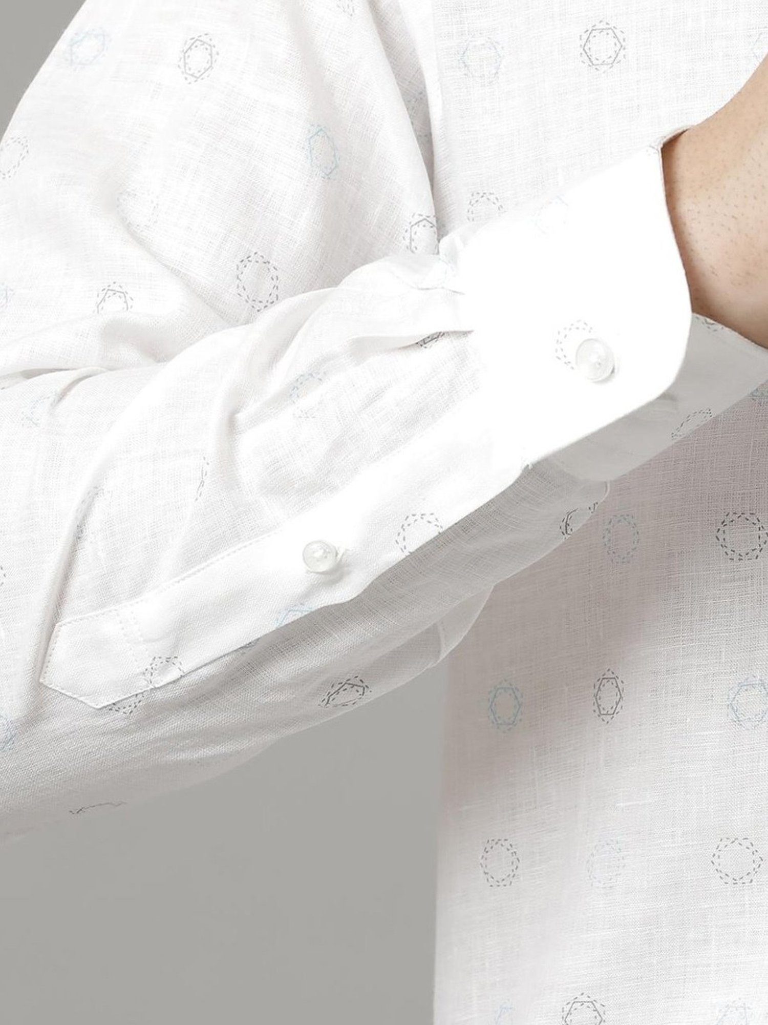 Linen Club White Linen Contemporary Fit Printed Shirt