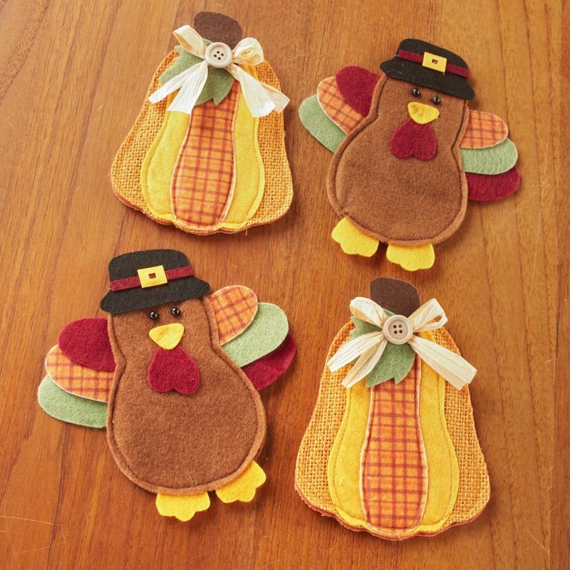 Lakeside Autumn Harvest Flatware Holders with Decorative Pumpkins and Turkeys - Set of 4