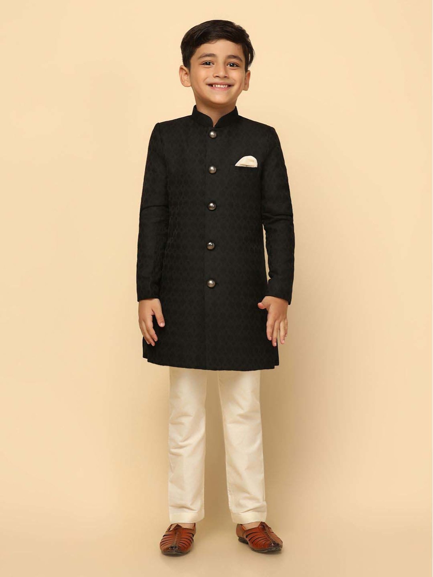 KISAH Boys Black Jacquard Full Sleeves Indowestern Sets