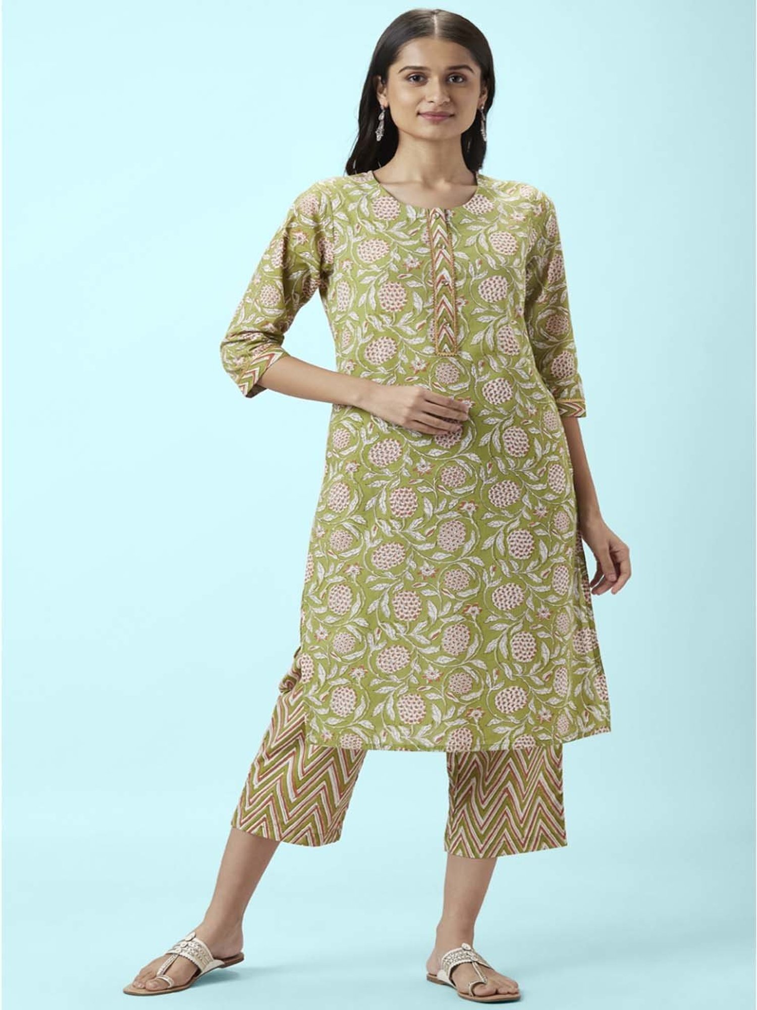 Rangmanch by Pantaloons Green Cotton Floral Print Kurta Palazzo Set