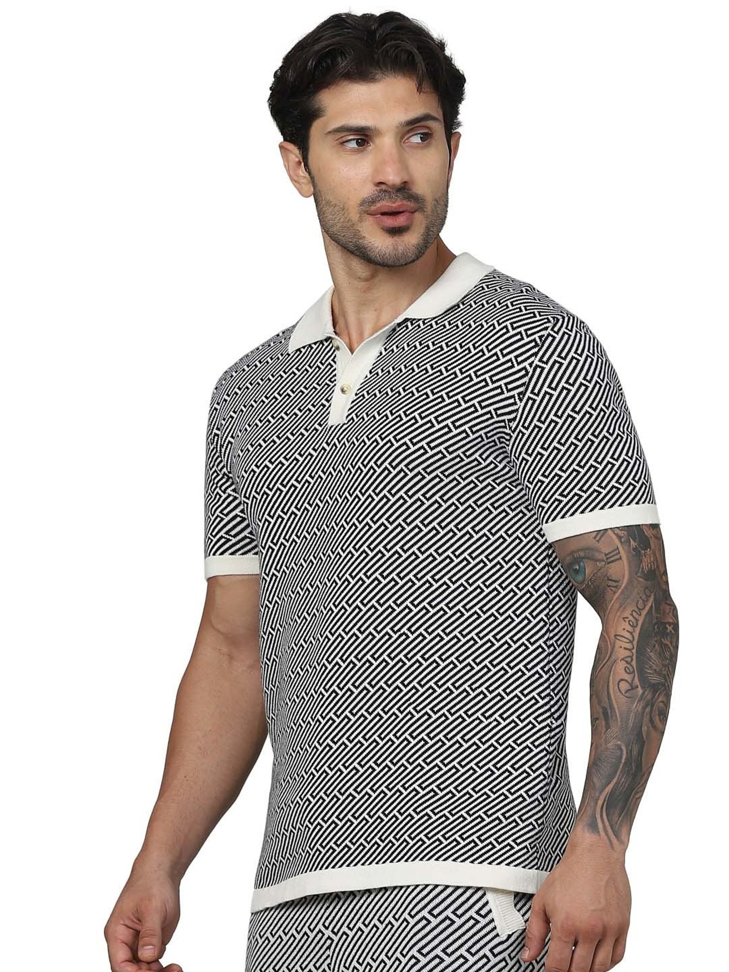 celio* Black & White Regular Fit Self Design Cotton Polo T-Shirt