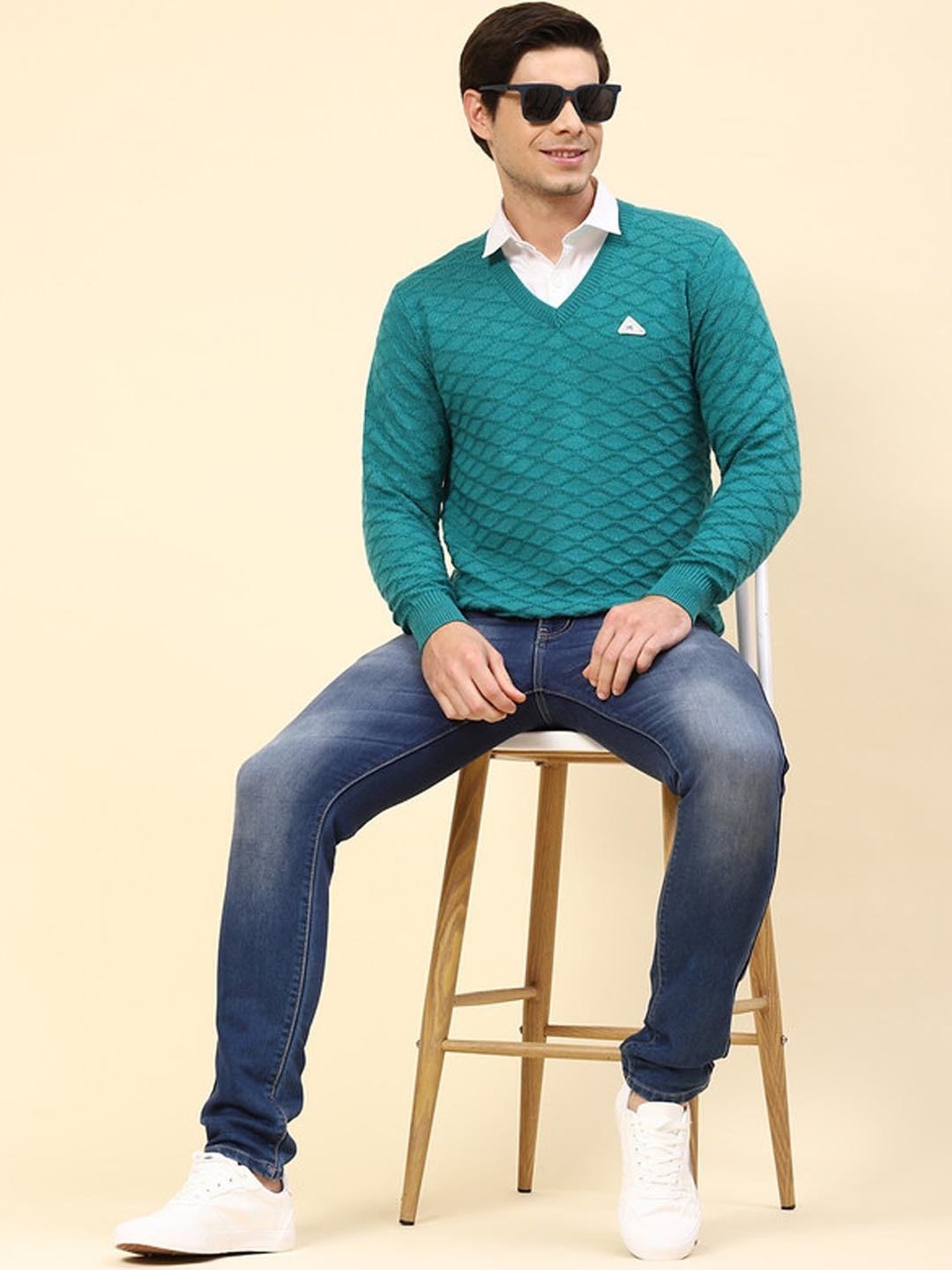 Monte Carlo Sea Green Regular Fit Self Pattern Pullover