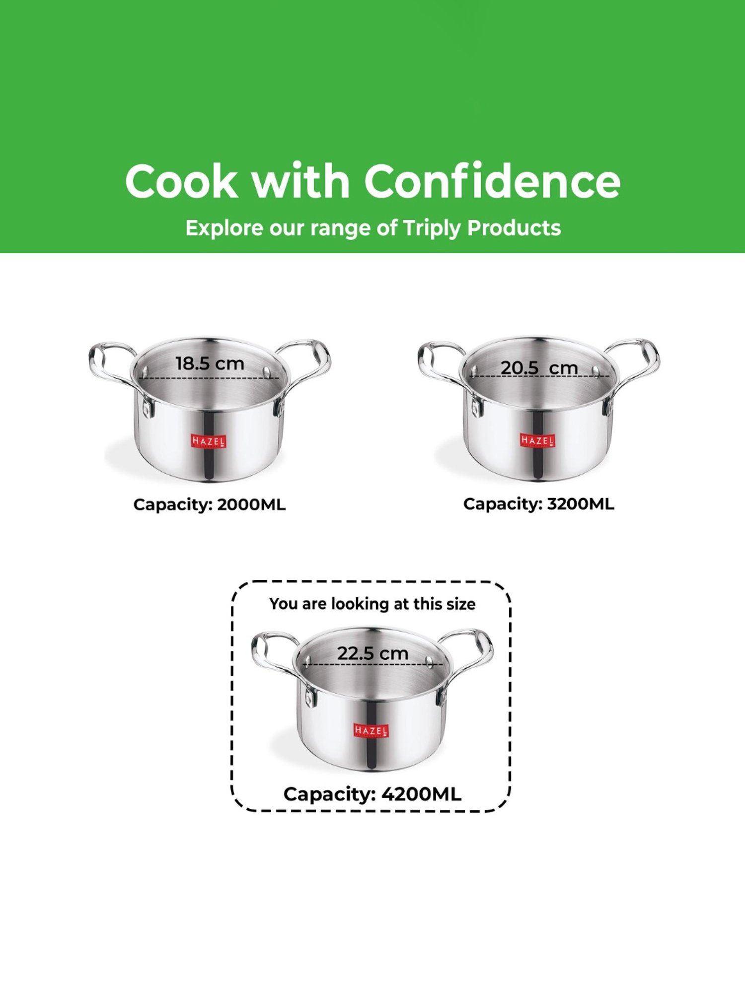 HAZEL Triply Stainless Steel Induction Bottom Tope with Handle, 4.6 Litre, 22.5 cm