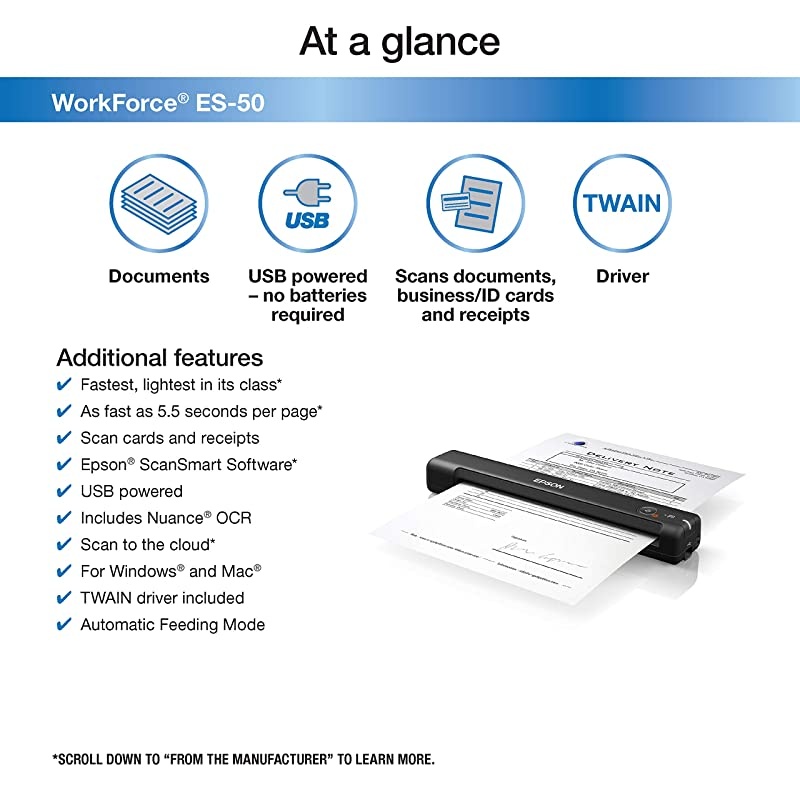 WorkForce ES-50 Portable Sheet-Fed Document Scanner for PC and Mac