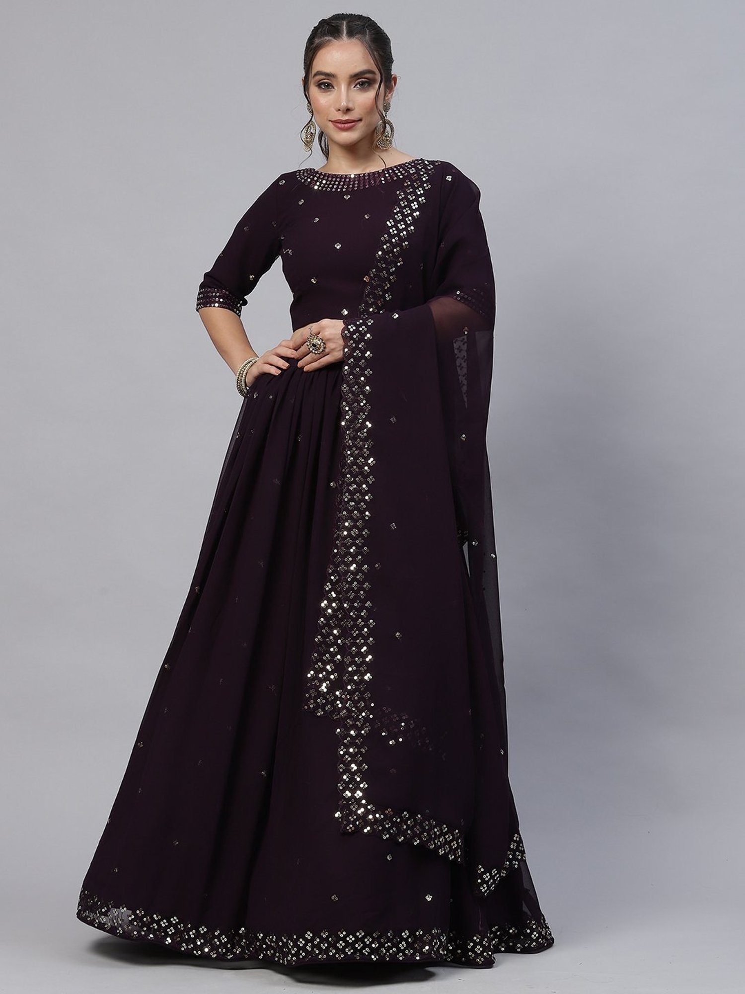SHUBHKALA Dark Purple Embellished Lehenga Choli Set With Dupatta