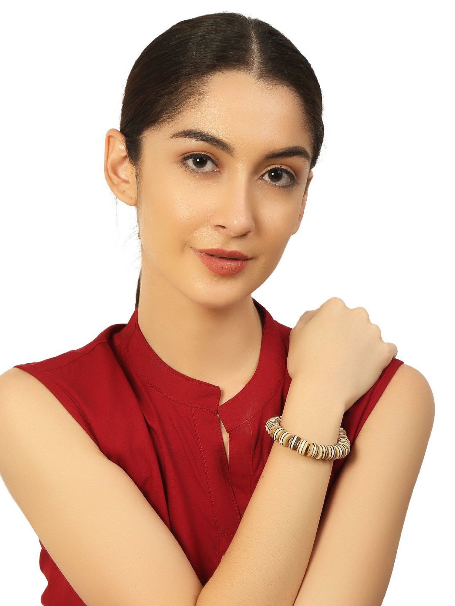 IMLI STREET Brown & White Artificial Beaded Stretchable Bracelet for Women