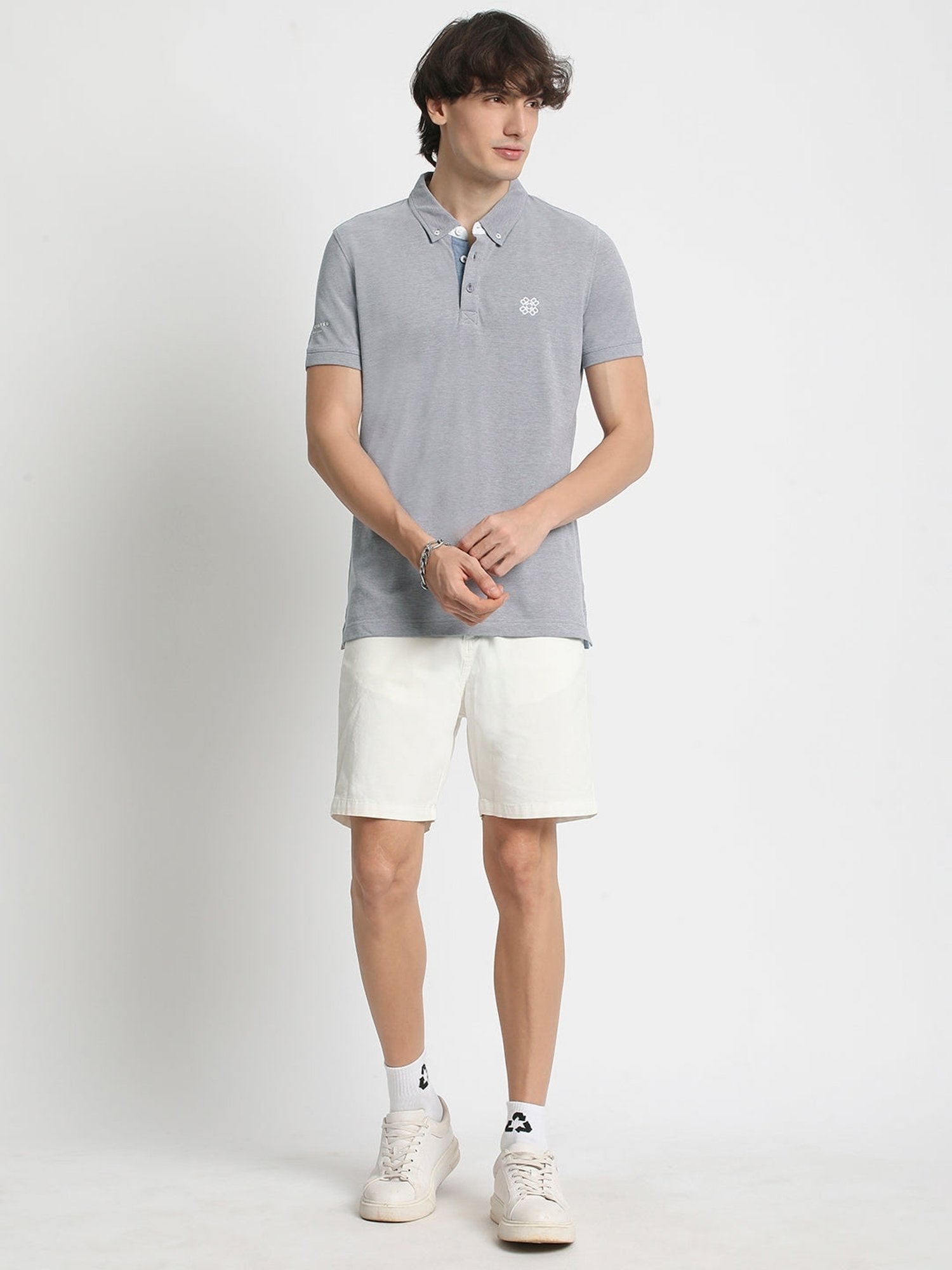 The Bear House Grey Cotton Regular Fit Self Pattern Polo T-Shirt