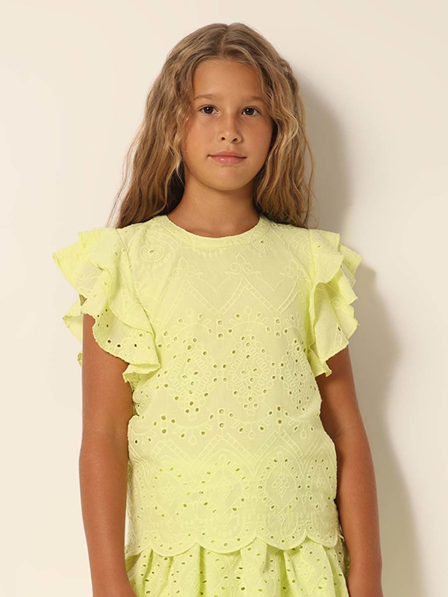 VERO MODA GIRL Lime Green Cotton Embroidered Top