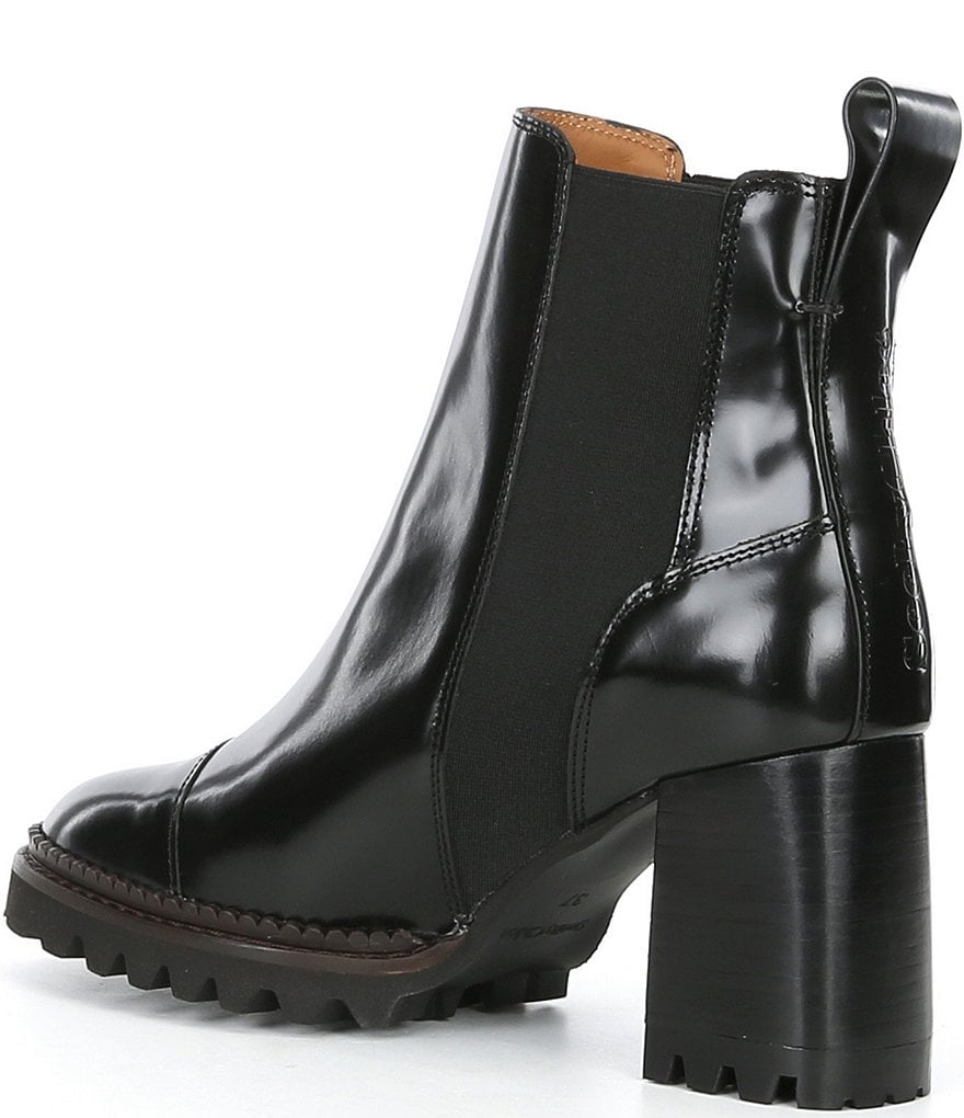 See By Chloe Mallory Leather Block Heel Lug Sole Chelsea Booties
