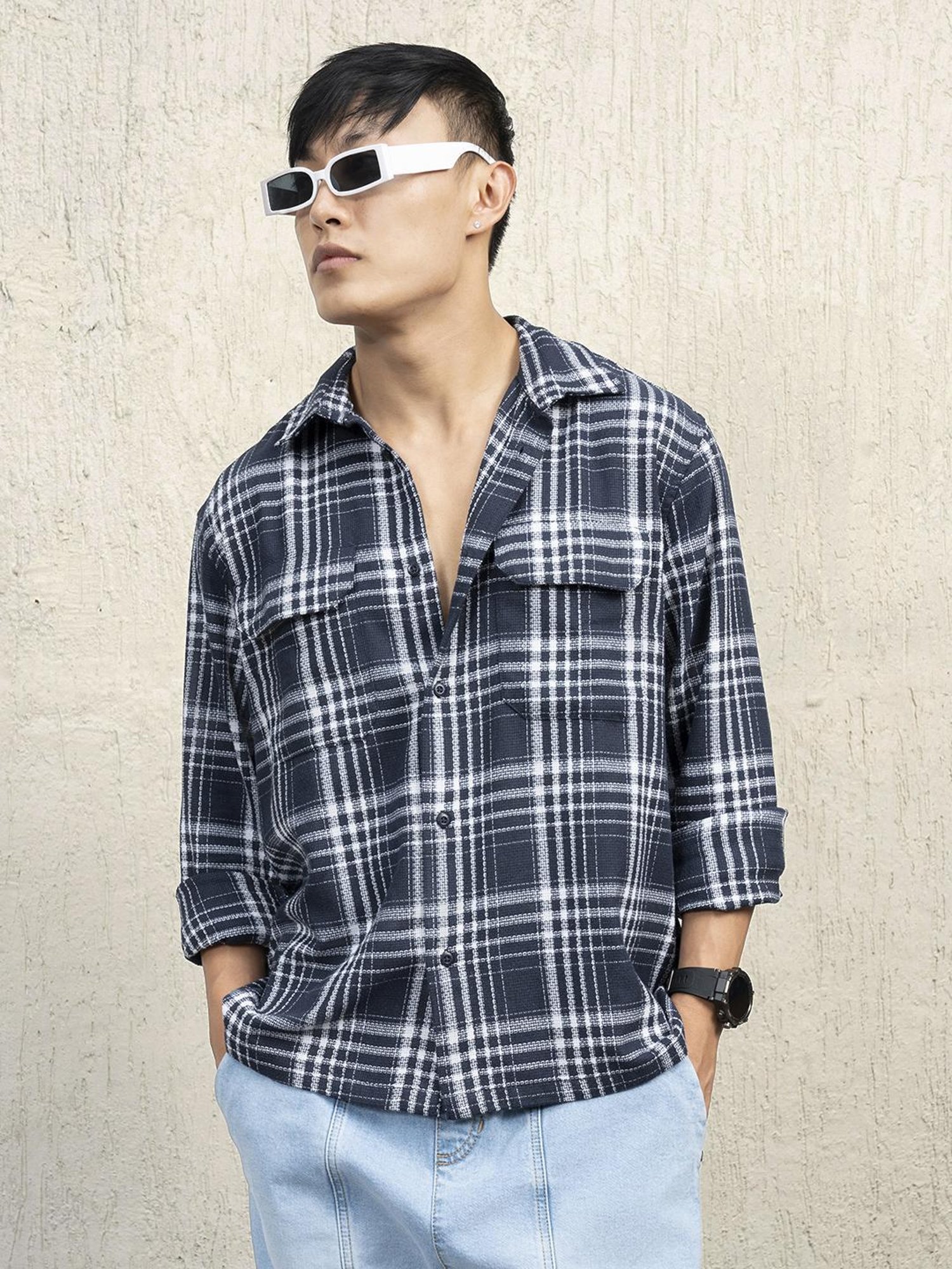 Hubberholme Men Cotton Long Sleeves Oversized Checked Double Pocket Shirt 17