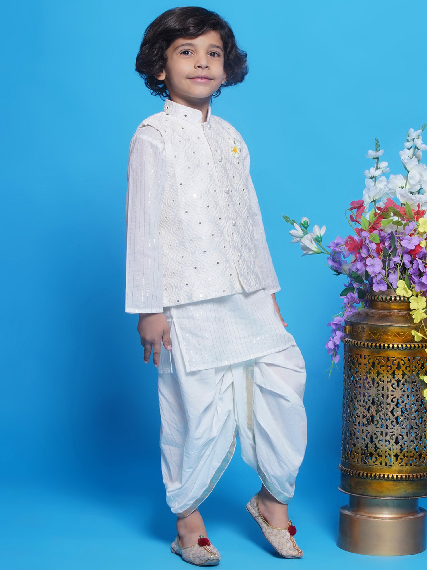 Little Bansi Kids Off White Embroidered Full Sleeves Kurta, Dhoti with Nehru Jacket