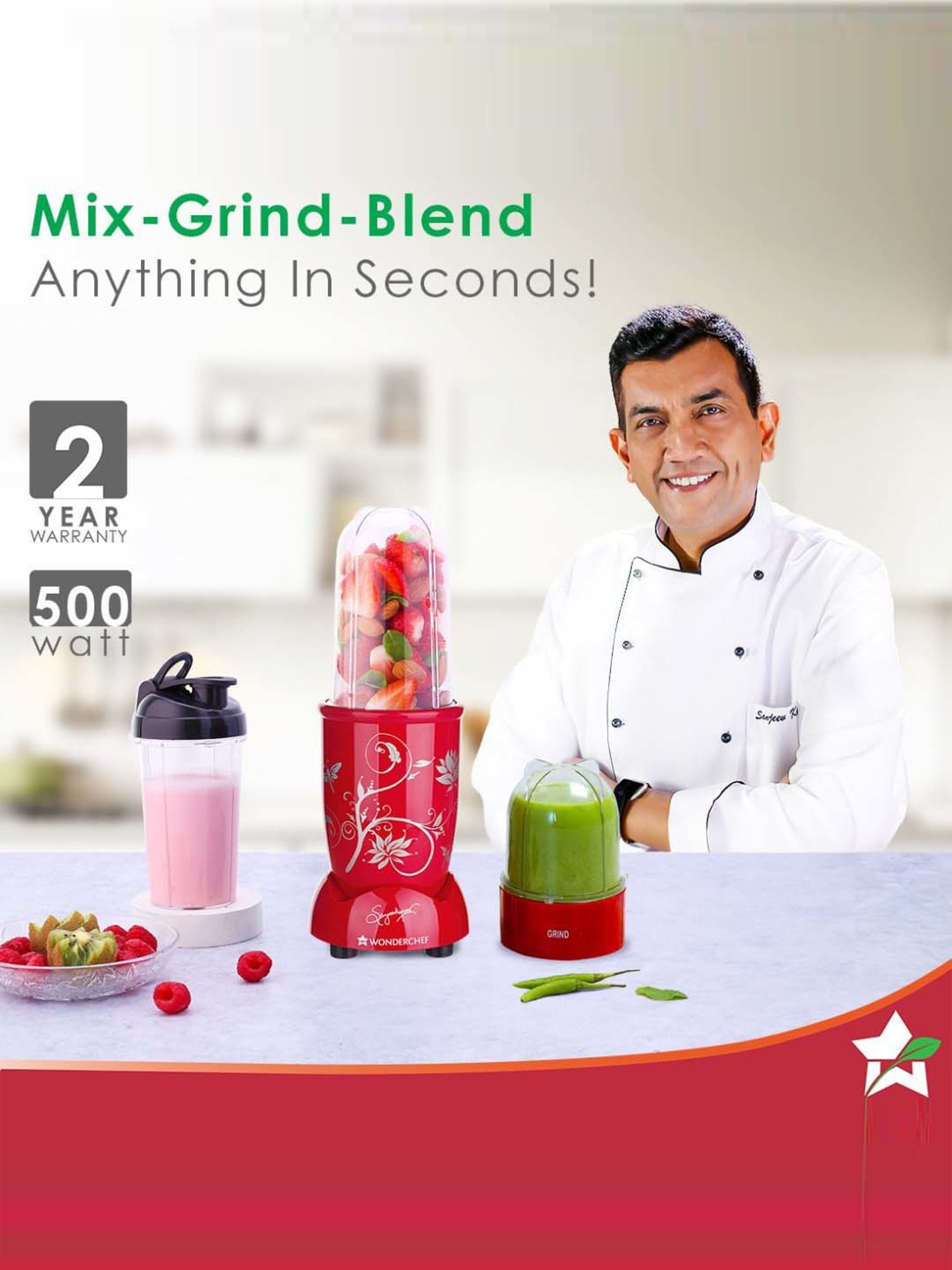Wonderchef Nutri-blend Mixer Grinder 500W,22000 RPM with 3 Jars & SS Blades 2-Yr Warranty,Red