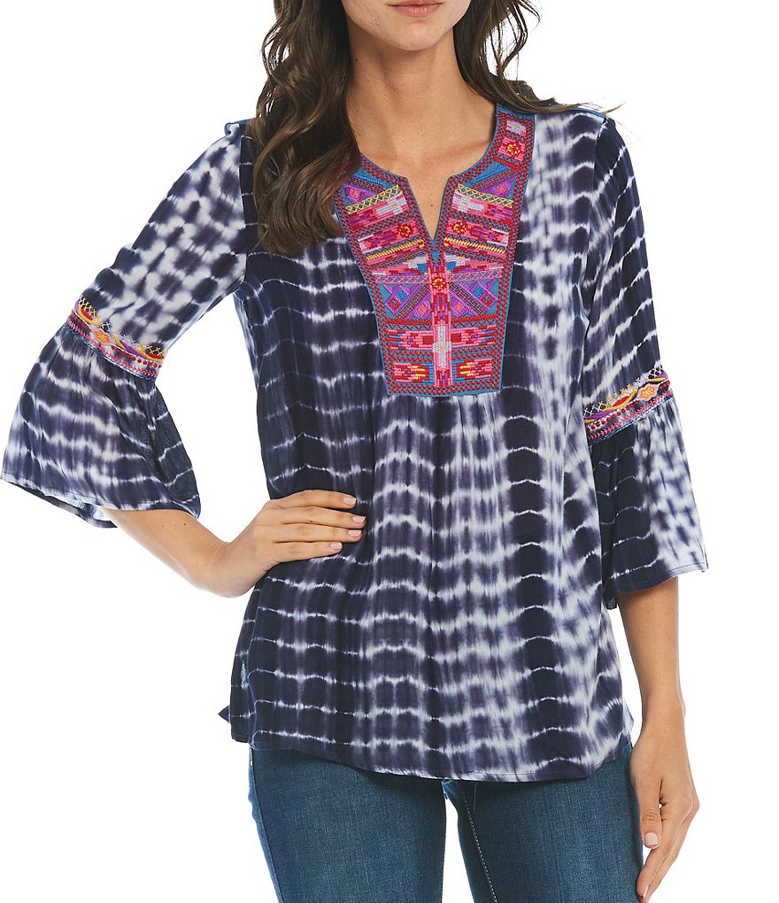 Calessa Embroidered Neck Tie Dye Bell Sleeve Poplin Tunic