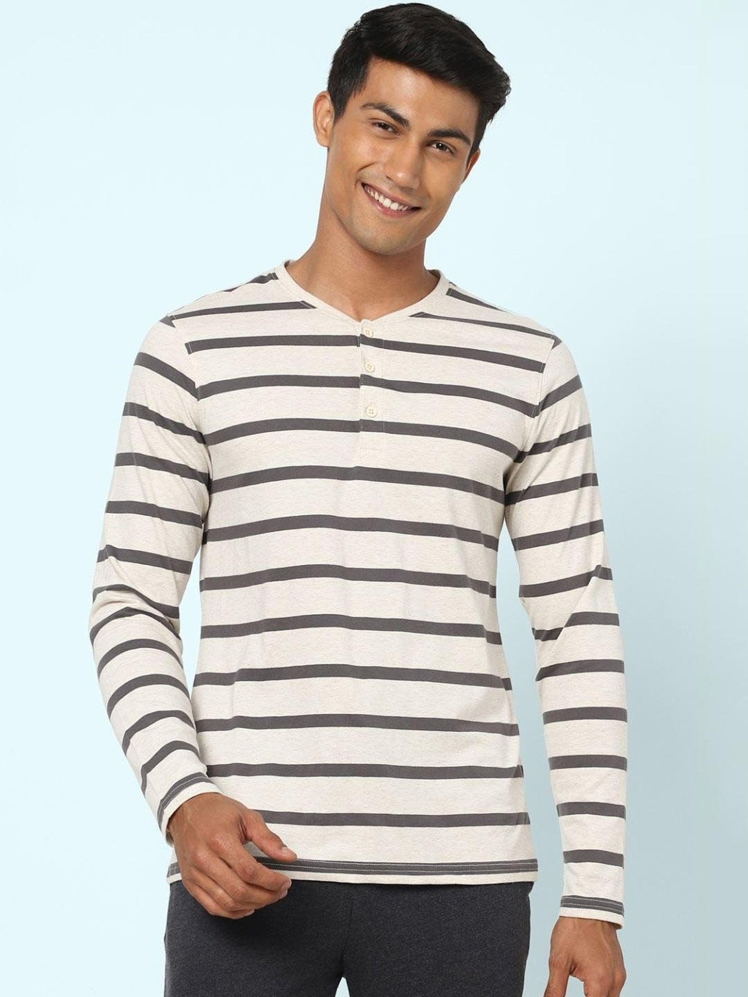 Ajile by Pantaloons Oat Melange Cotton Slim Fit Striped Lounge T-Shirt