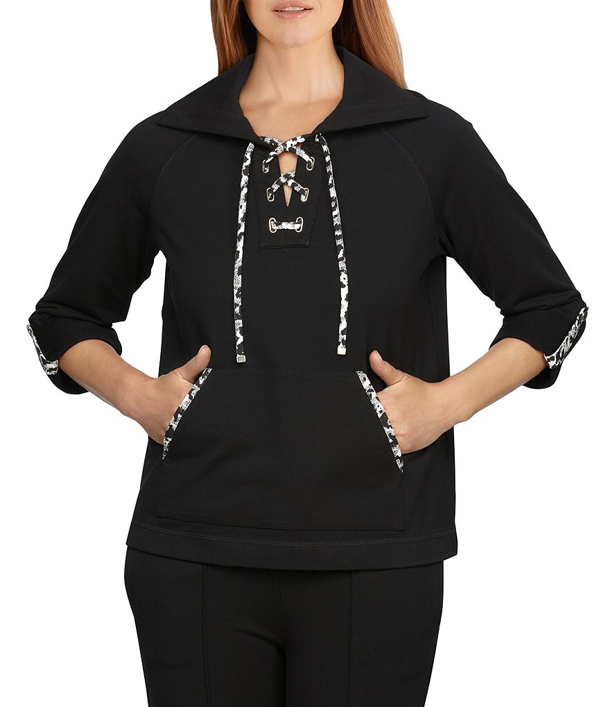 Ruby Rd. Contrast Lace Up Front 3/4 Roll-Tab Sleeve Pullover