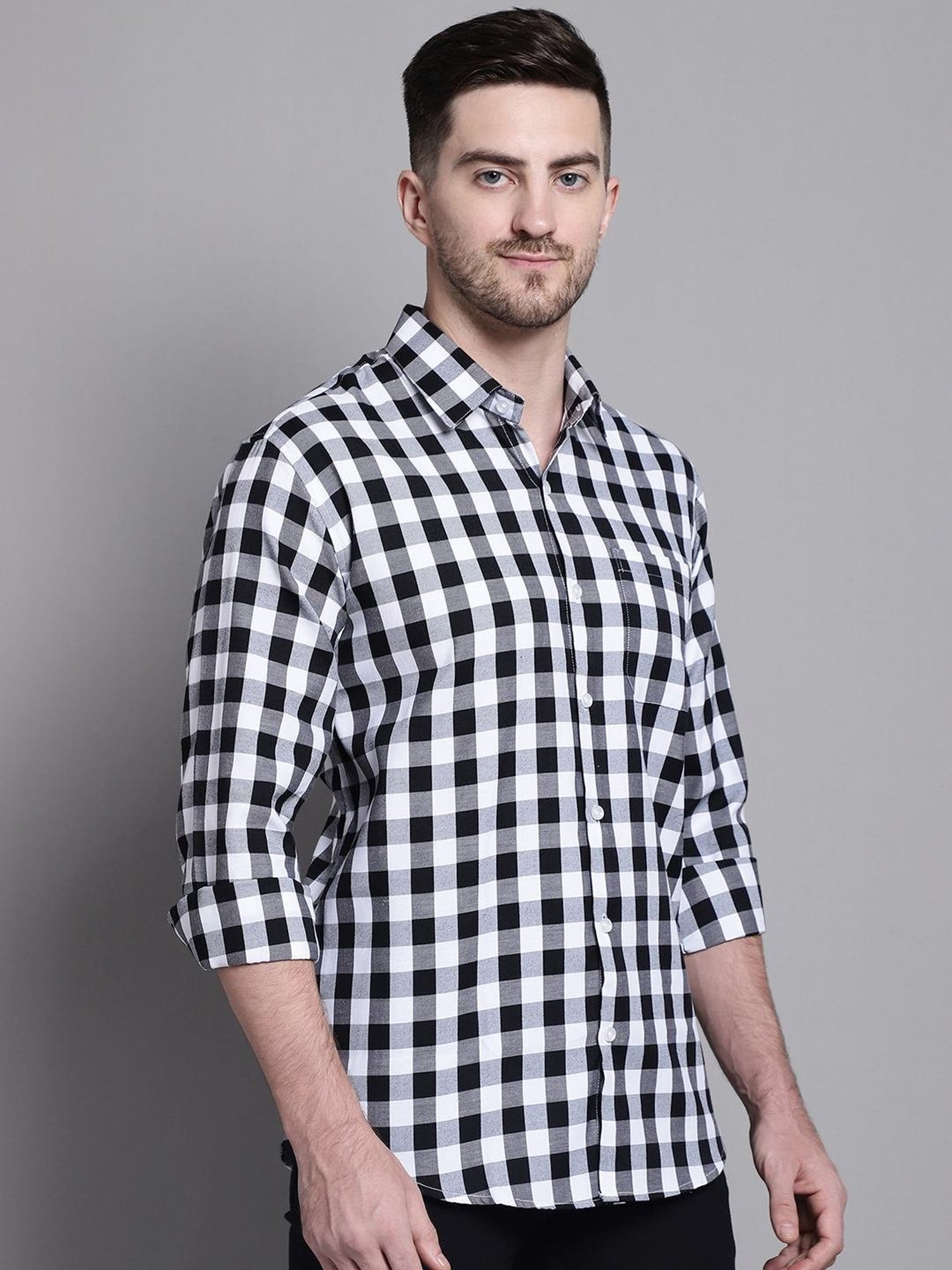 Jainish Black Cotton Regular Fit Checks Shirt