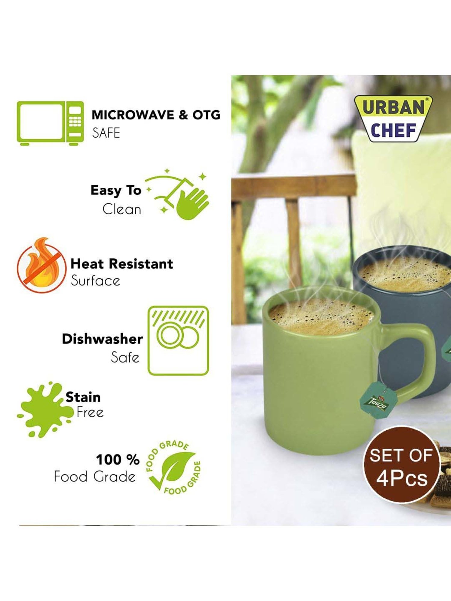 Urban Chef Dark Green & Parrot Green Ceramic Droite Handcrafted Microwave Safe Cup - Set of 4
