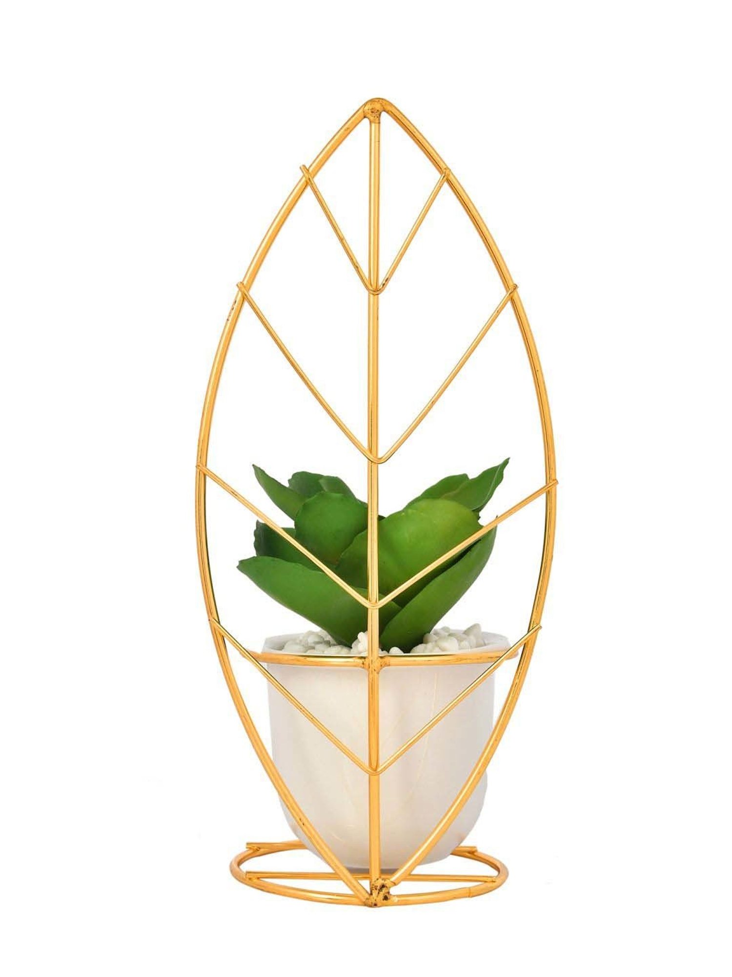 Tayhaa White & Golden Ceramic Leafy Artificial Plant With Pot