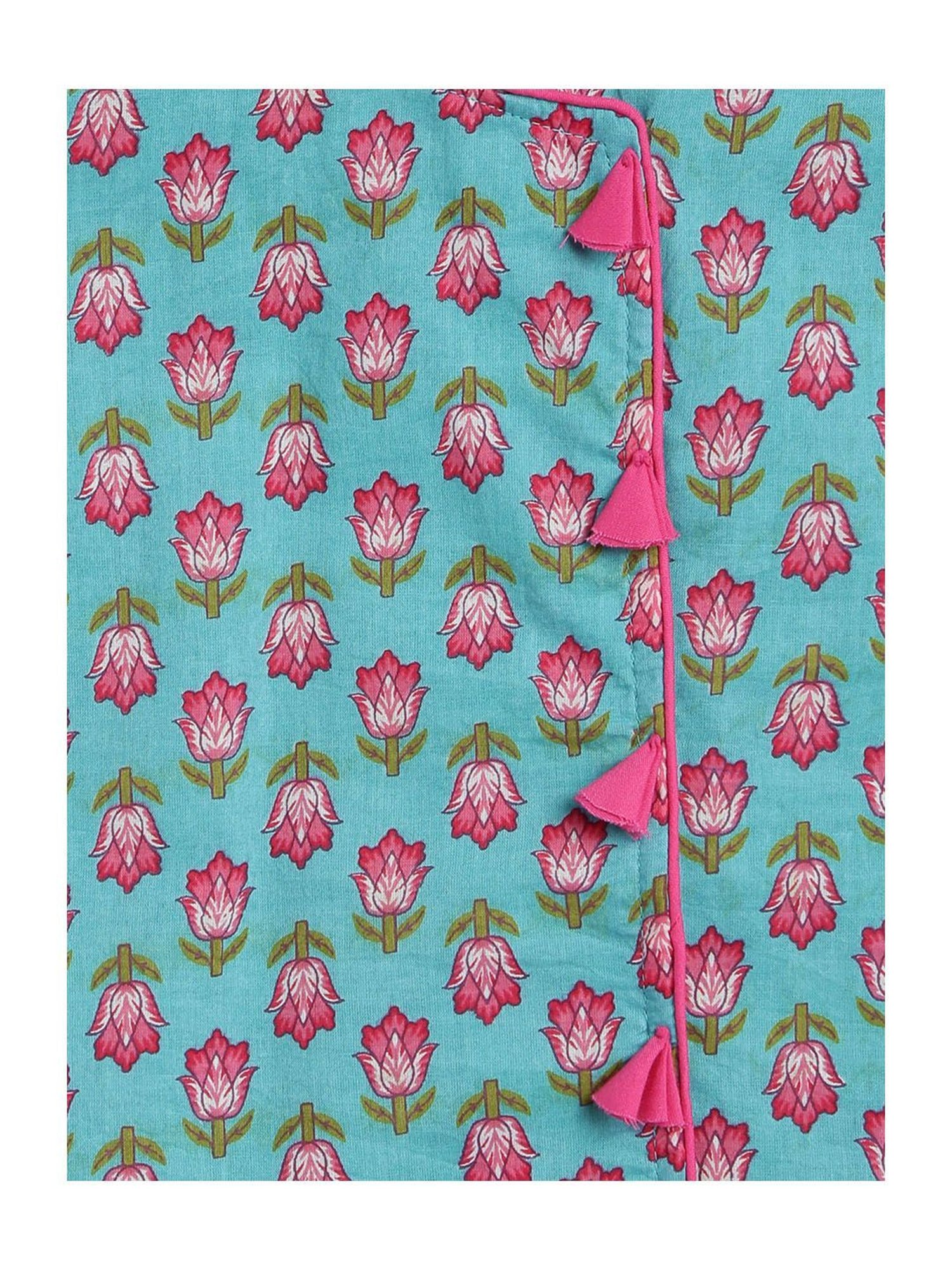 Campana Kids Turquoise & Pink Floral Print Lehenga with Choli