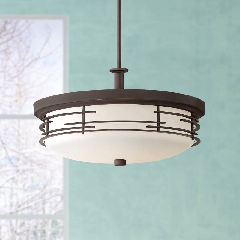 Franklin Iron Works Antique Bronze Pendant Chandelier 17" Wide Rustic White Glass 3-Light Fixture Dining Room House Foyer Kitchen