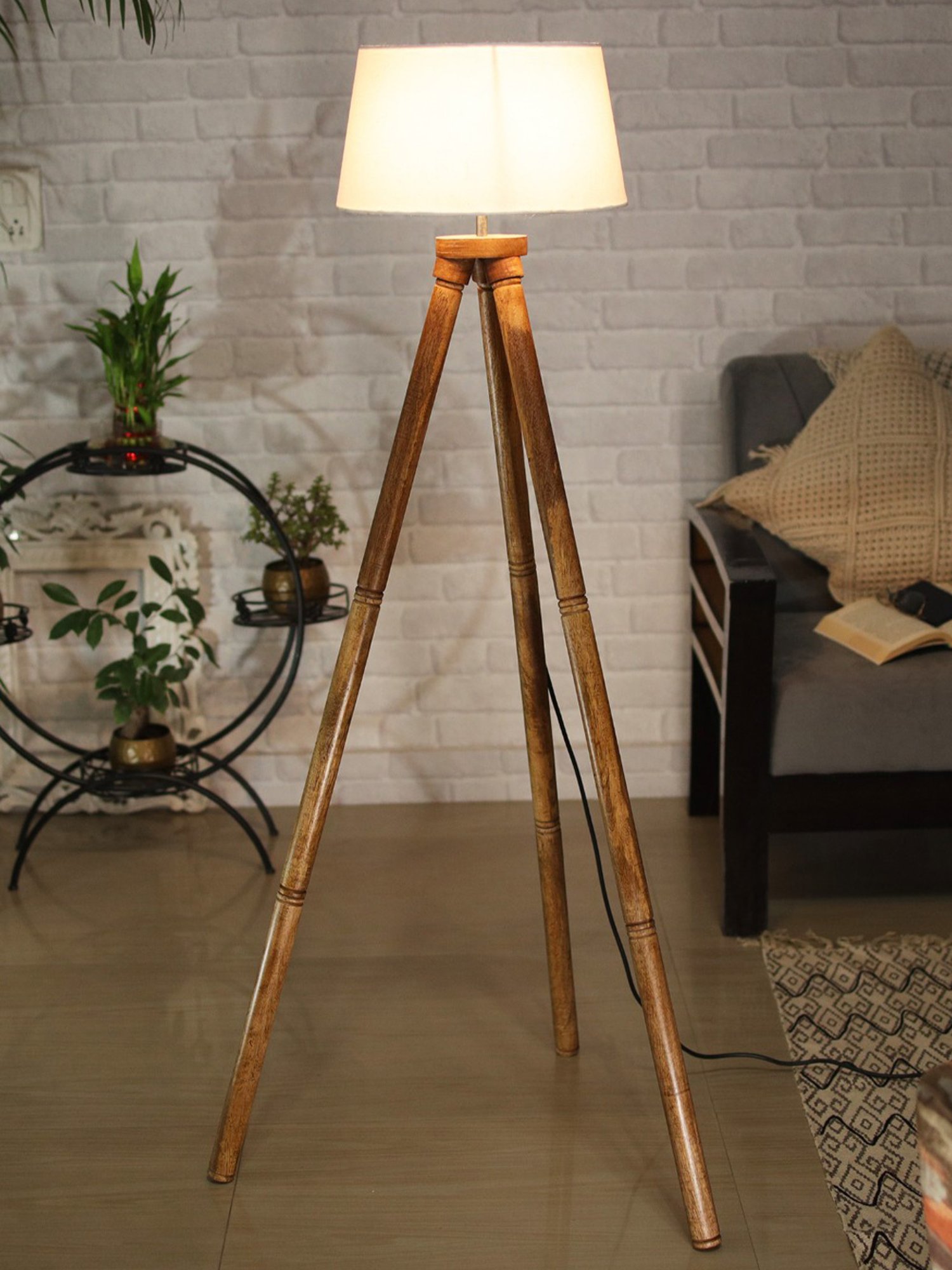 Homesake 'Tripod' White & Brown Wood Tall Floor Lamp With Shade & Bulb - Set of 1