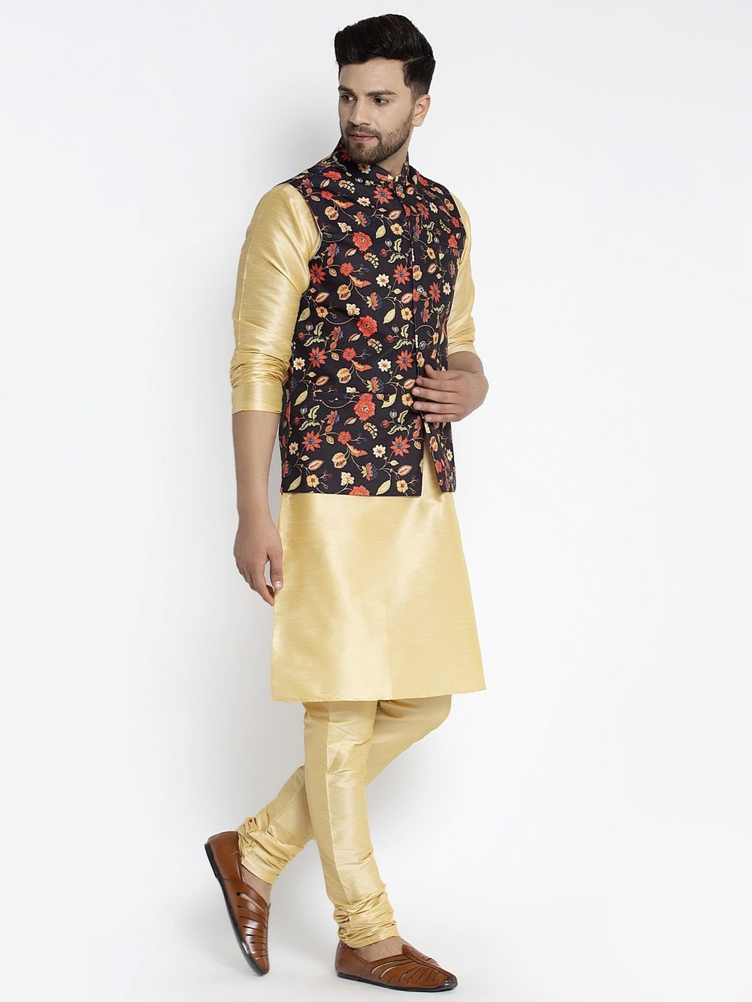 Benstoke Gold & Black Regular Fit Floral Print Kurta Set With Jacket
