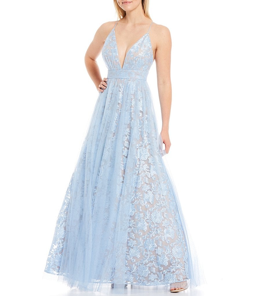 Aidan Aidan Mattox Plunging V-Neck Embroidered Mesh Overlay Ball Gown