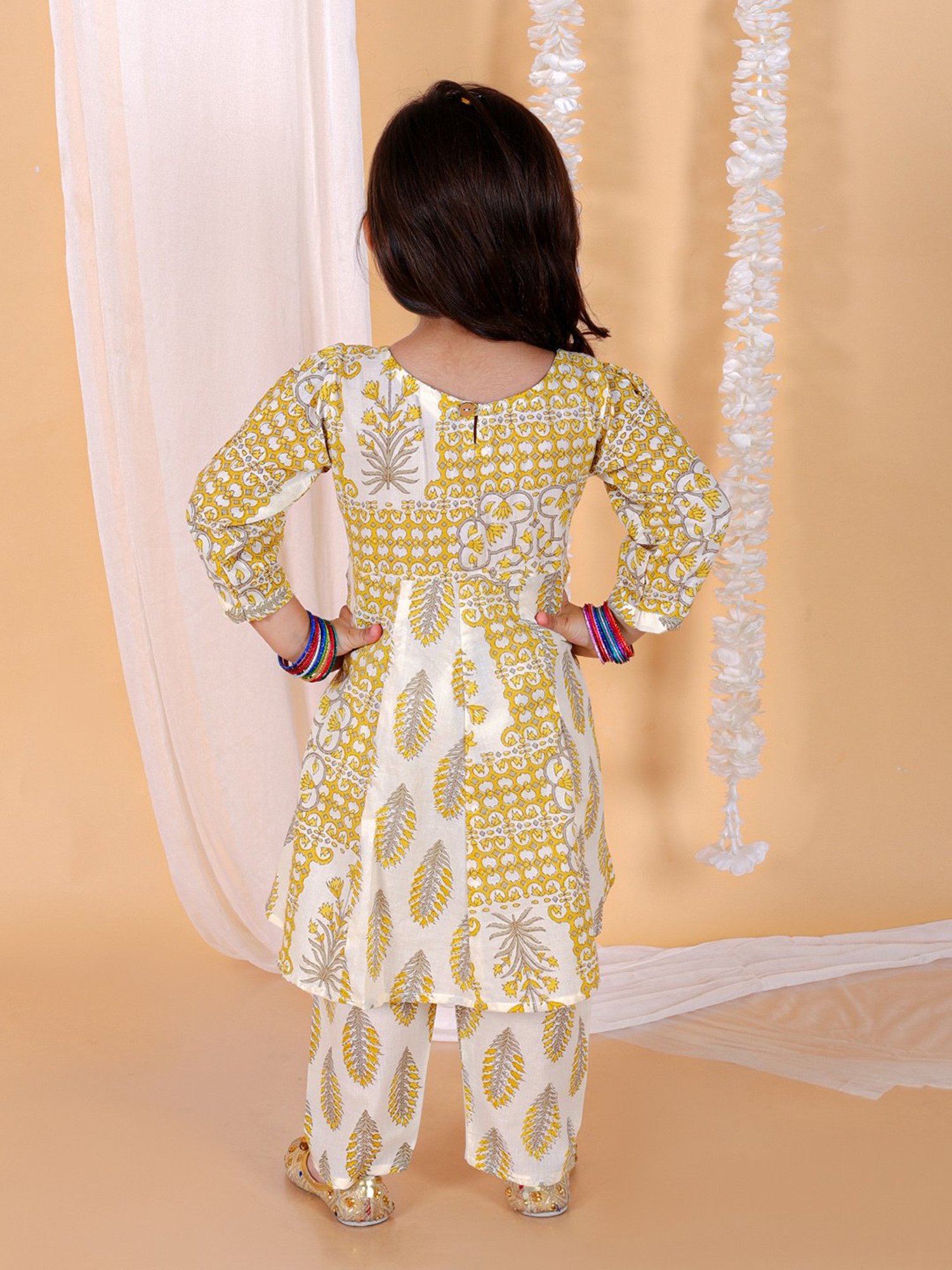 The Mom Store Kids Yellow Floral Print Anarkali Kurta with Pants