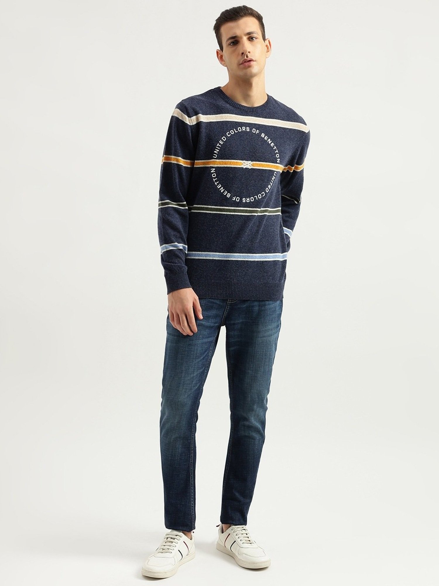 United Colors of Benetton Blue Regular Fit Striped Sweater