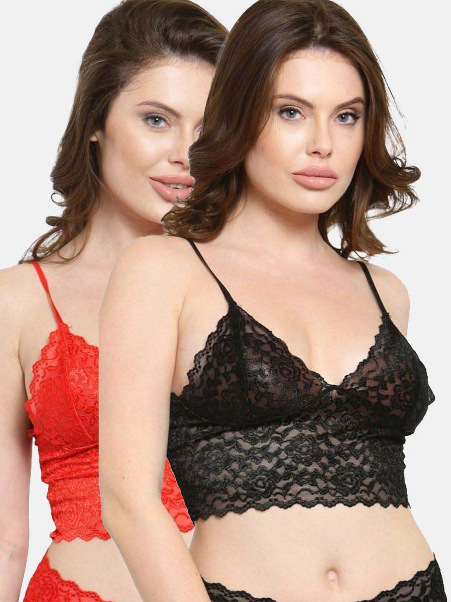 N-Gal Black & Red Lace Work Bralette Bras - Pack Of 2