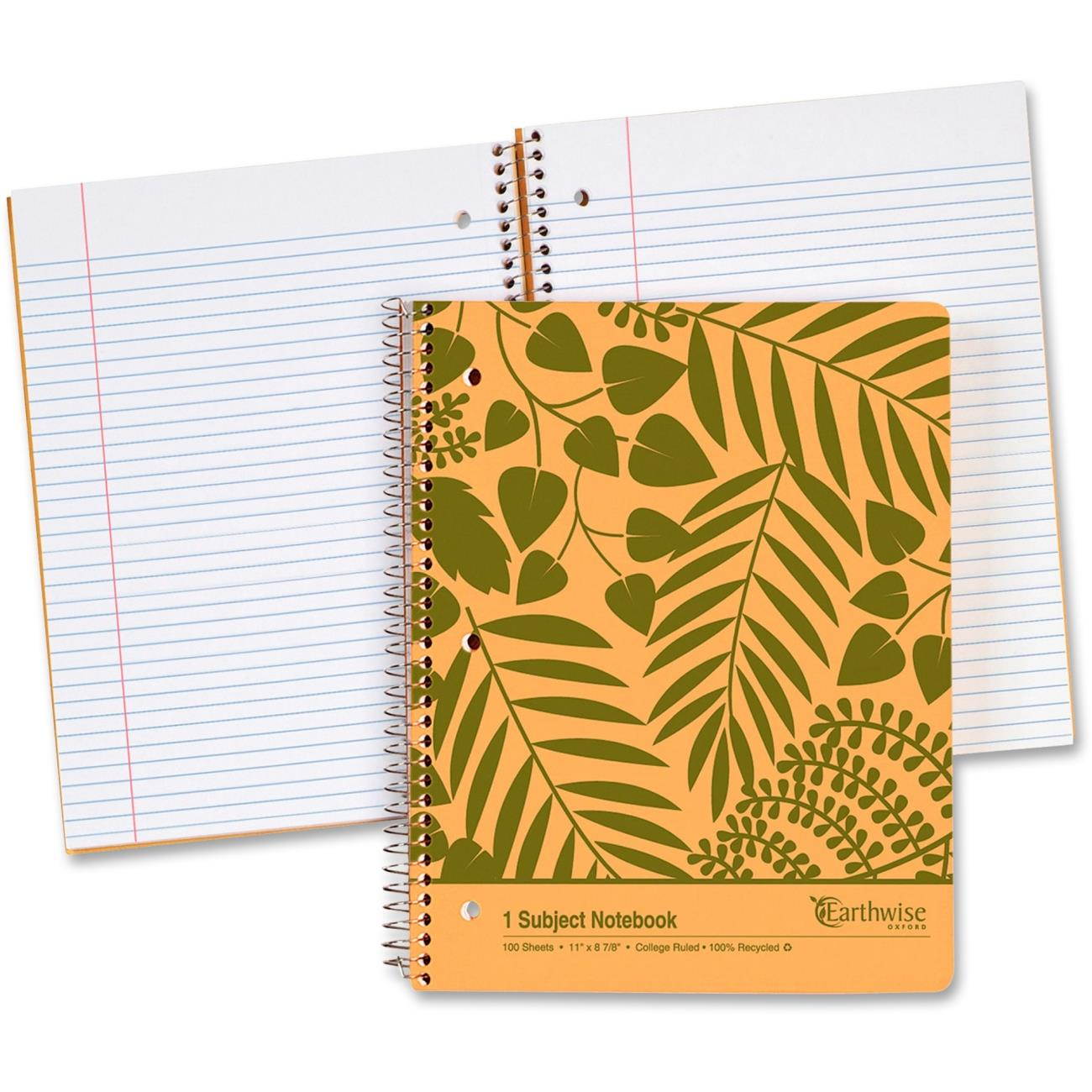 Tops 40103 Oxford Earthwise Recycled 1-Subject Notebook 100 Sheets - Printed - Wire Bound - 20 lb Basis Weight - 8.88" x 11" - White Paper - Recycled - 1 Each