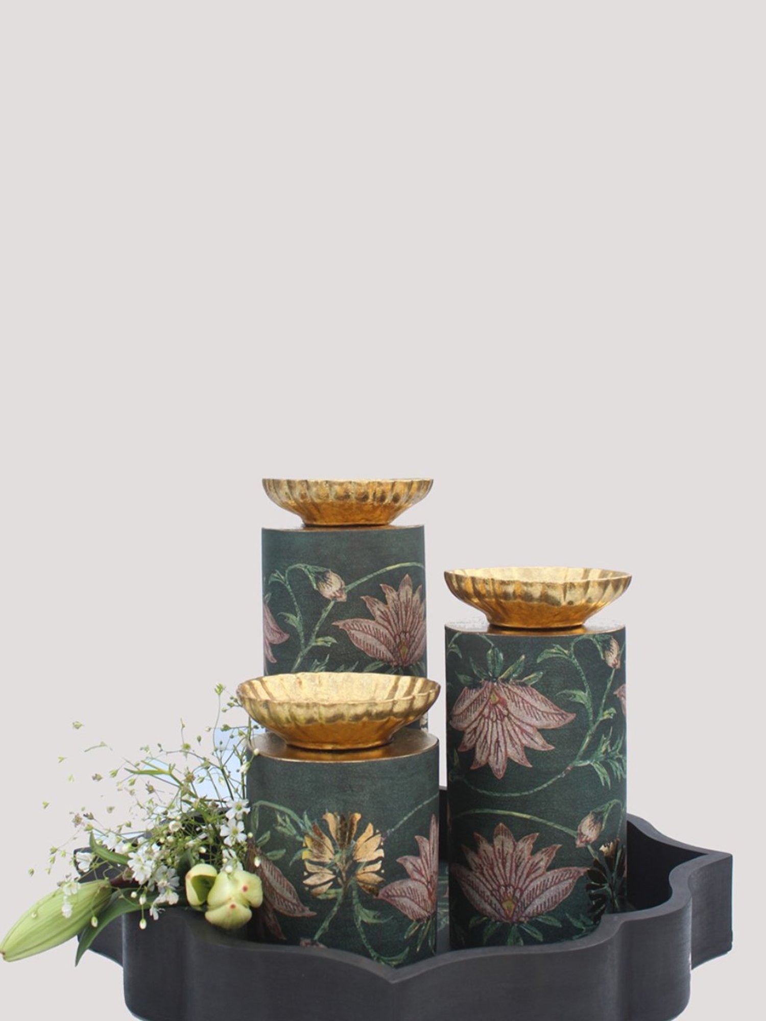 Karo Aafiya Printed Dark Green Wood Large Pillar Candle Holder