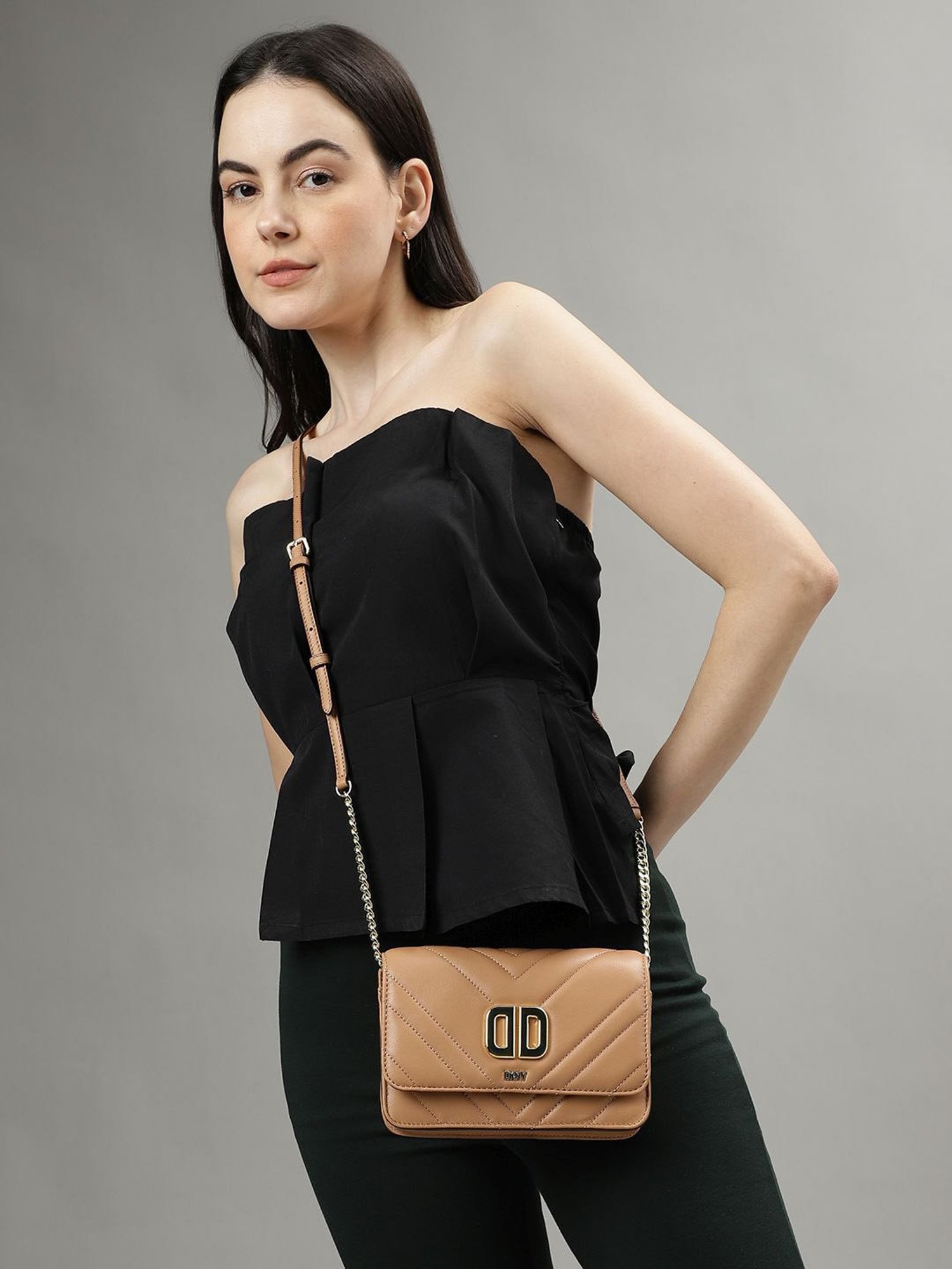 Dkny Neutral Leather Quilted Sling Handbag