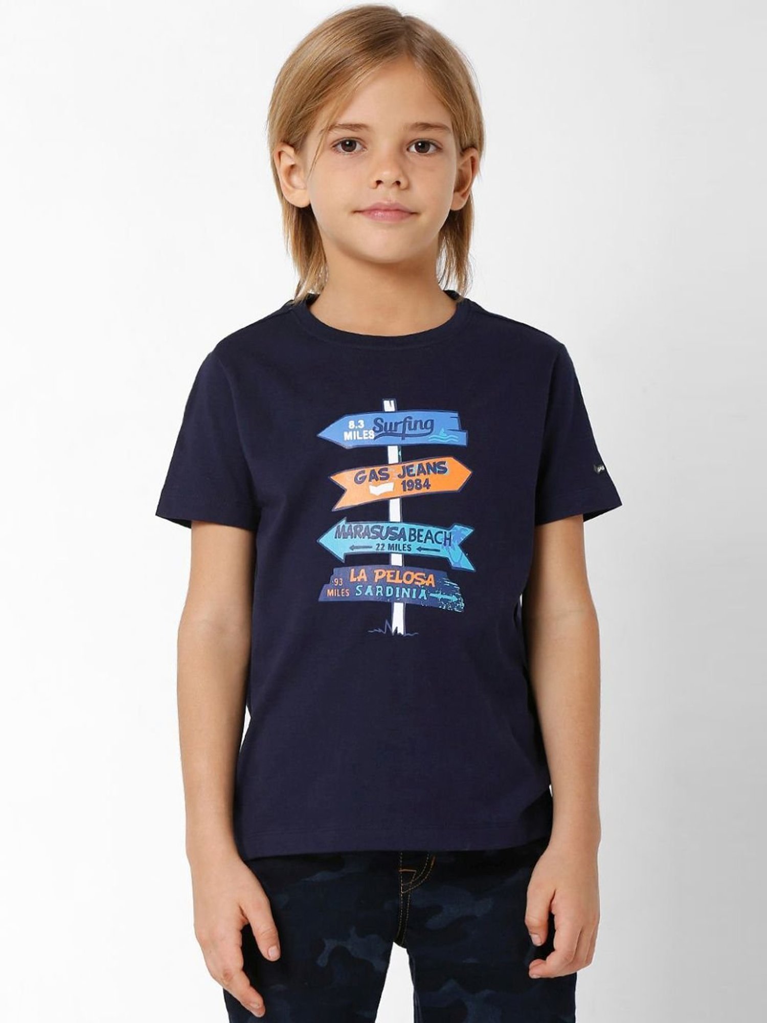 Gas Kids Navy Cotton Printed T-Shirt