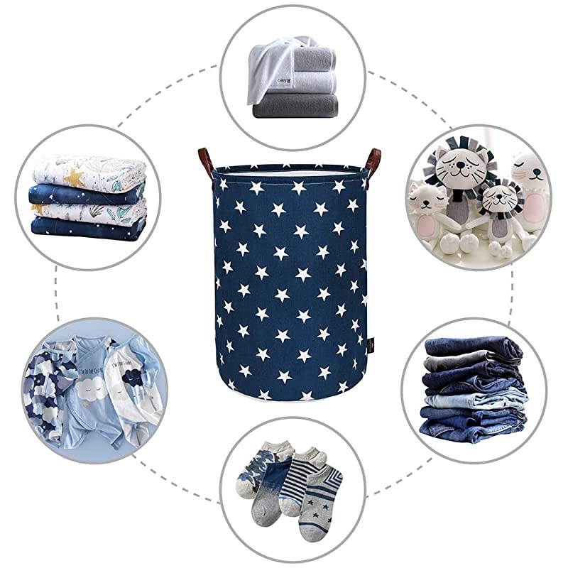 22-Inches Freestanding Laundry Basket with Lid, Collapsible Extra Large Drawstring Clothes Hamper Storage with Handle (Blue Star, XL)