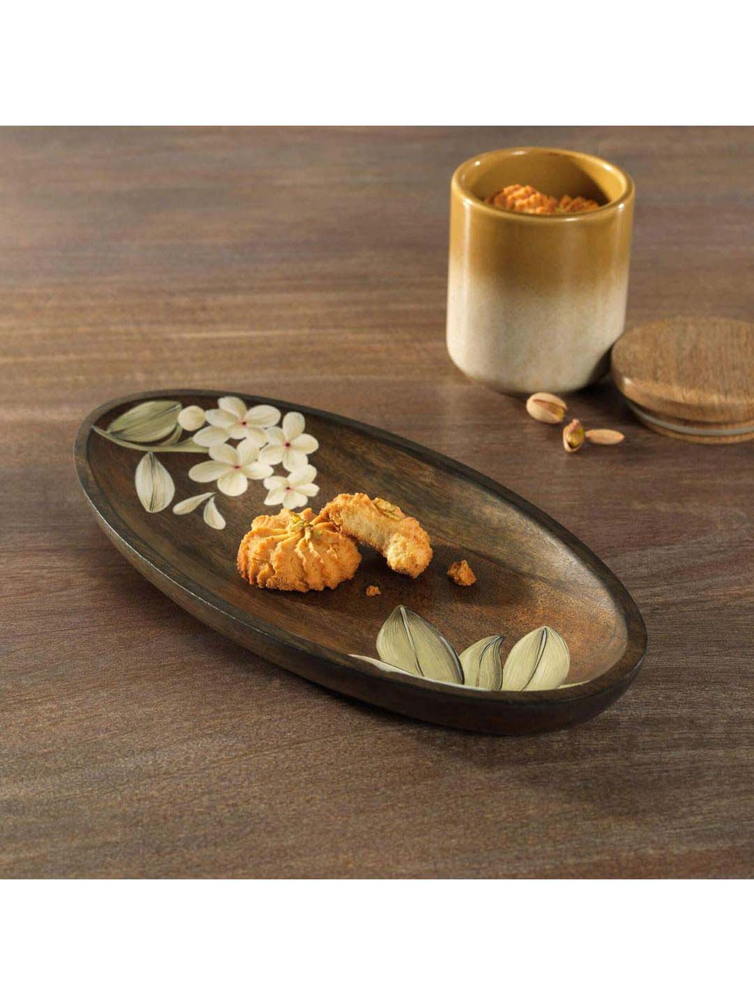 ellementry Frangipani Brown Wooden Oval Platter - Set of 1