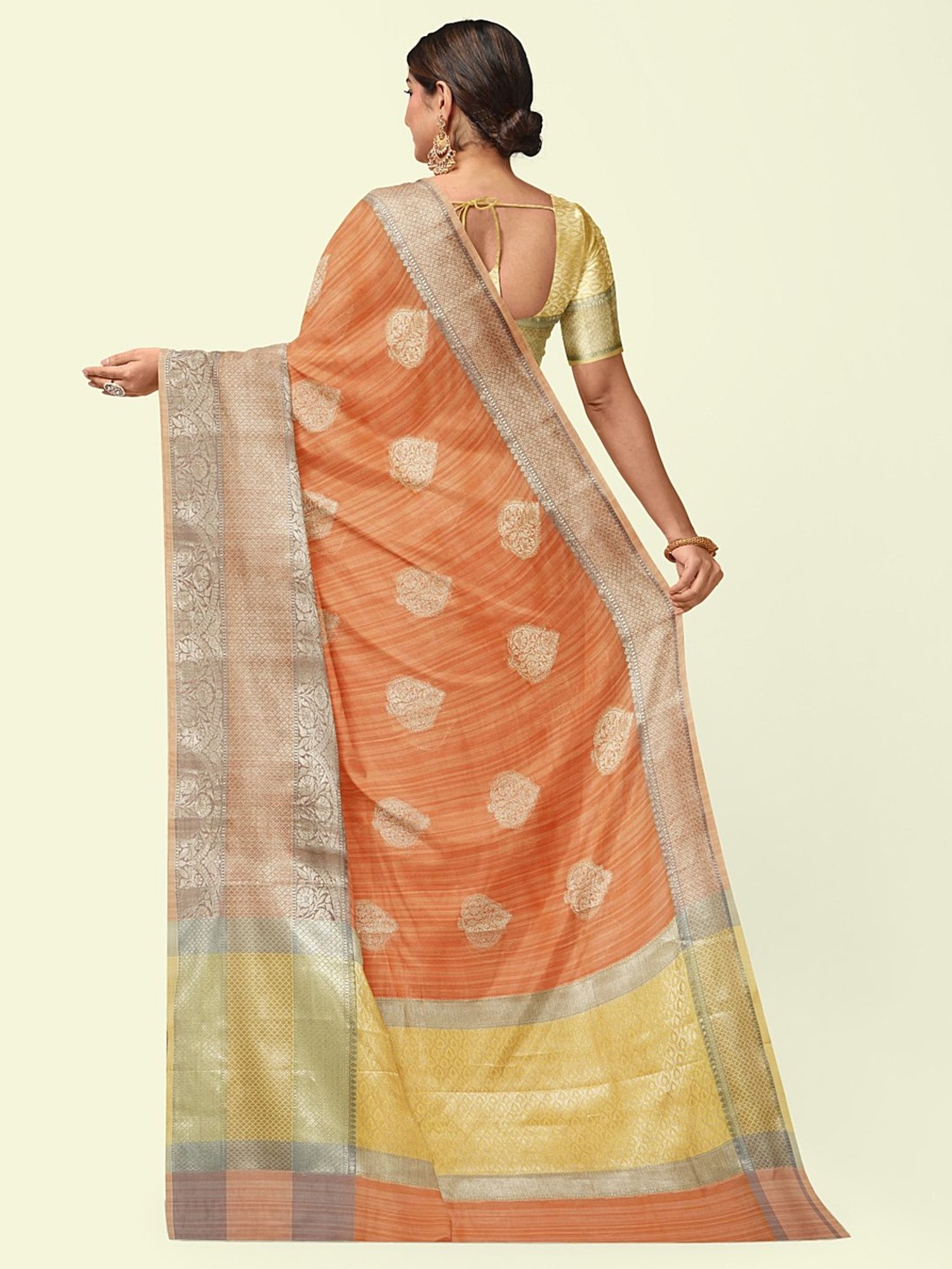 Banarasi Silk Works Peach Woven Saree With Unstitched Blouse