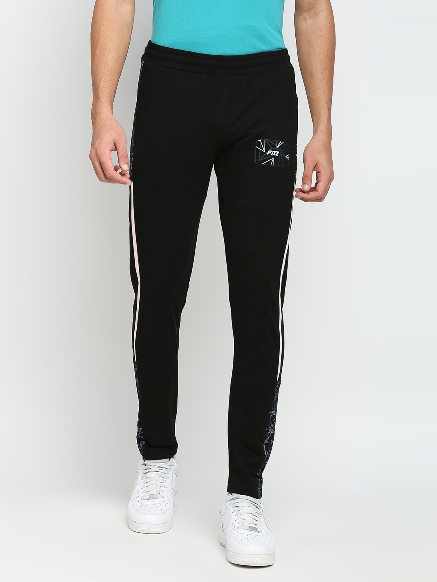 Fitz Black Slim Fit Printed Sports Trackpants