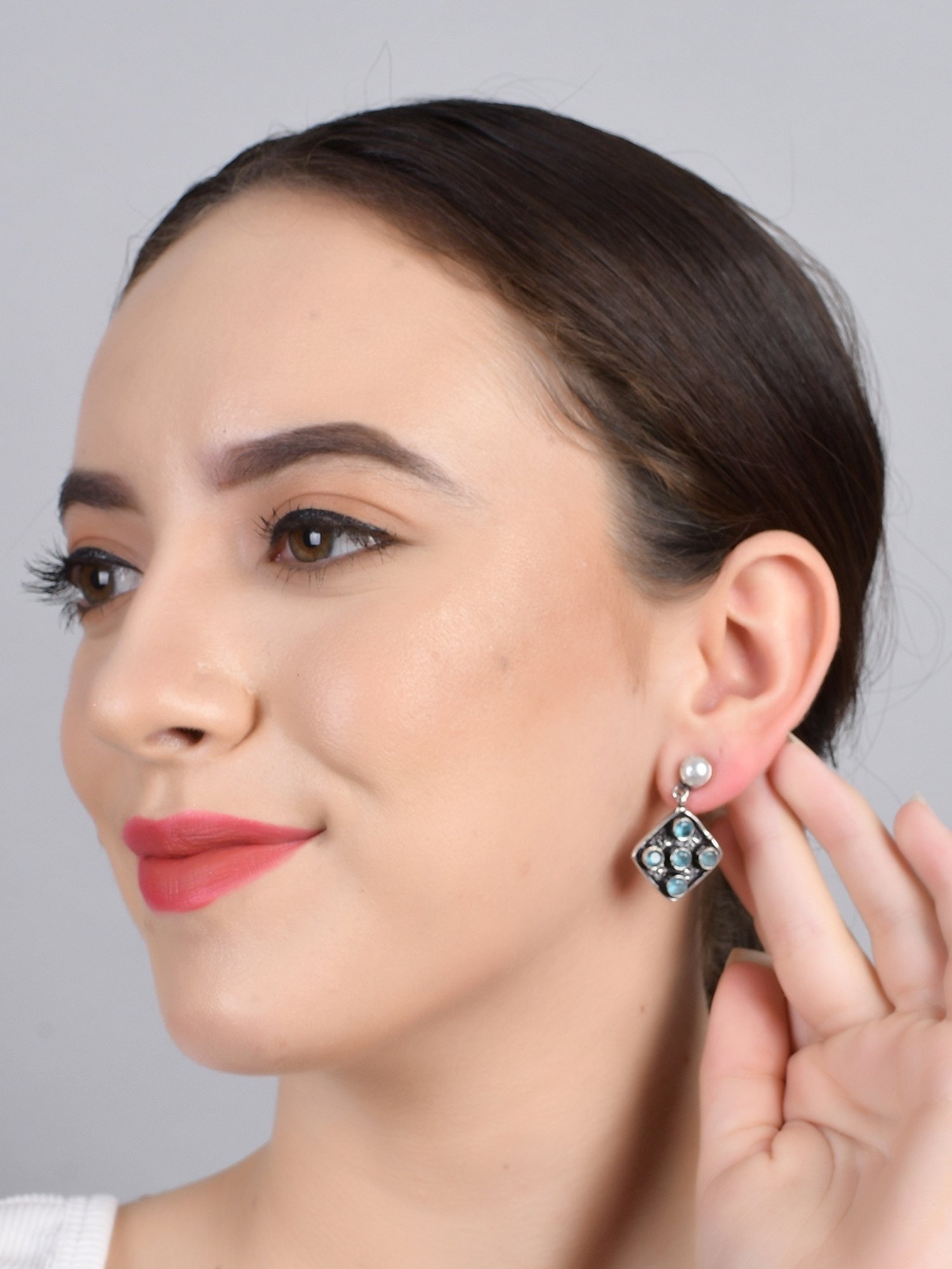 Imli Street Blue-White Silver Tone Stone-Studded Handcrafted Dangler Earrings