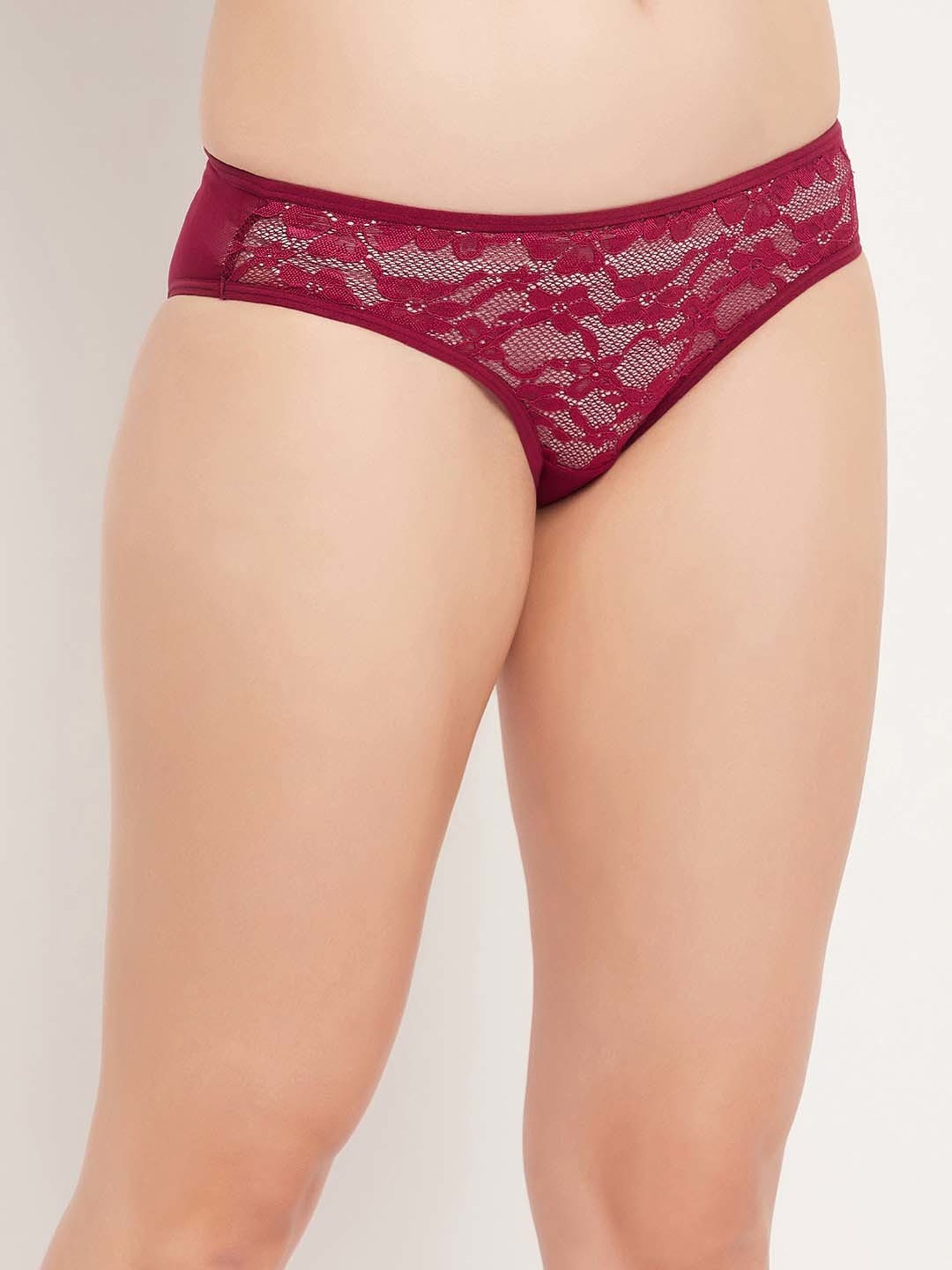 Clovia Maroon Lace Work Bikini Panty