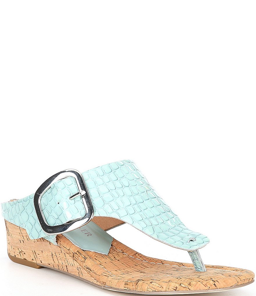 Donald Pliner Oltina Croco Print Patent Leather Cork Wedge Thong Slides
