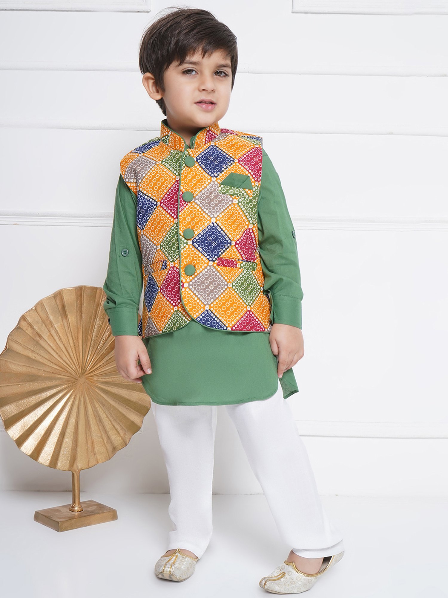 AJ Dezines Kids Multicolor Printed Full Sleeves Kurta, Pyjamas with Waistcoat